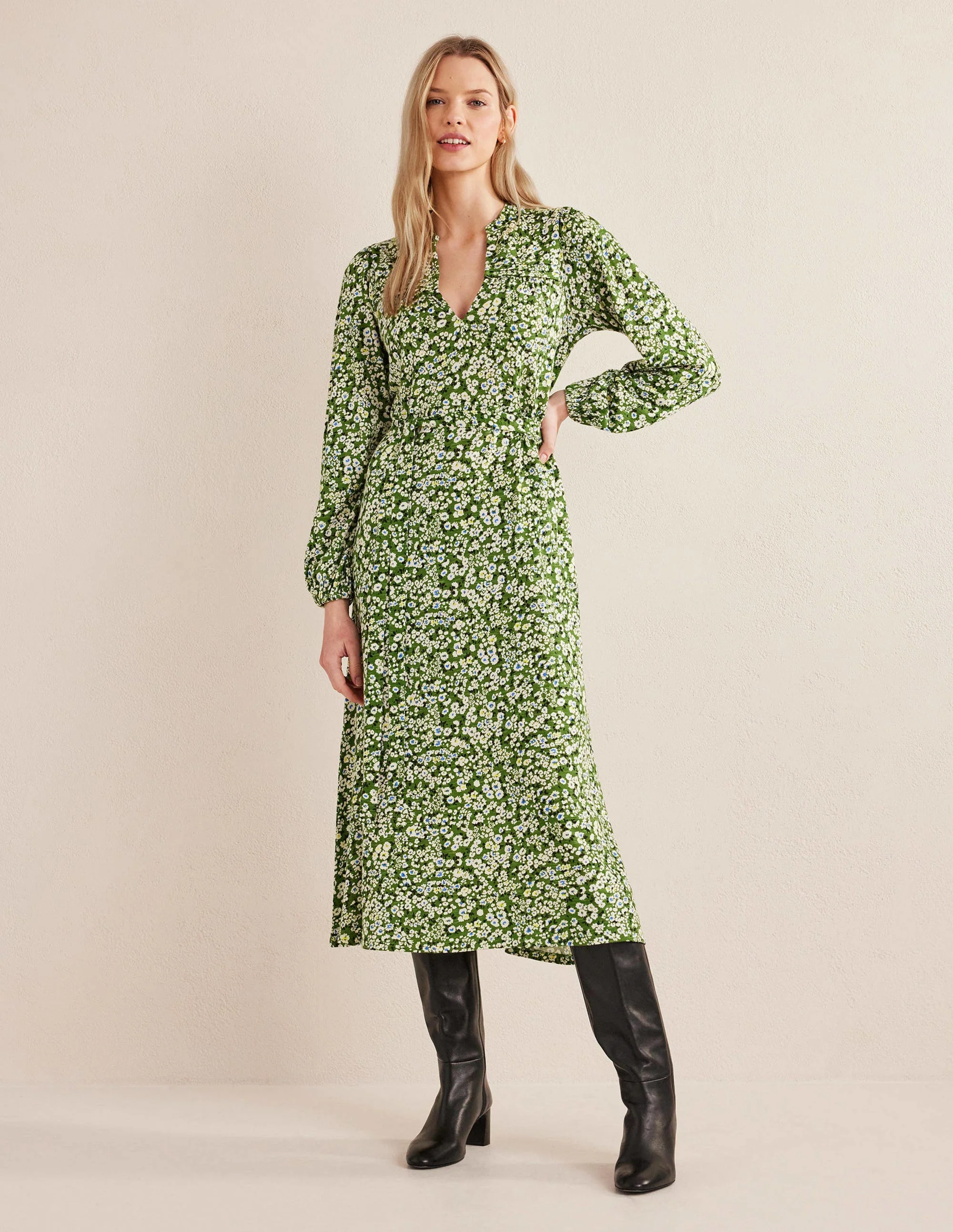 Notch Neck Jersey Midi Dress-Park Ranger, Heart Bloom