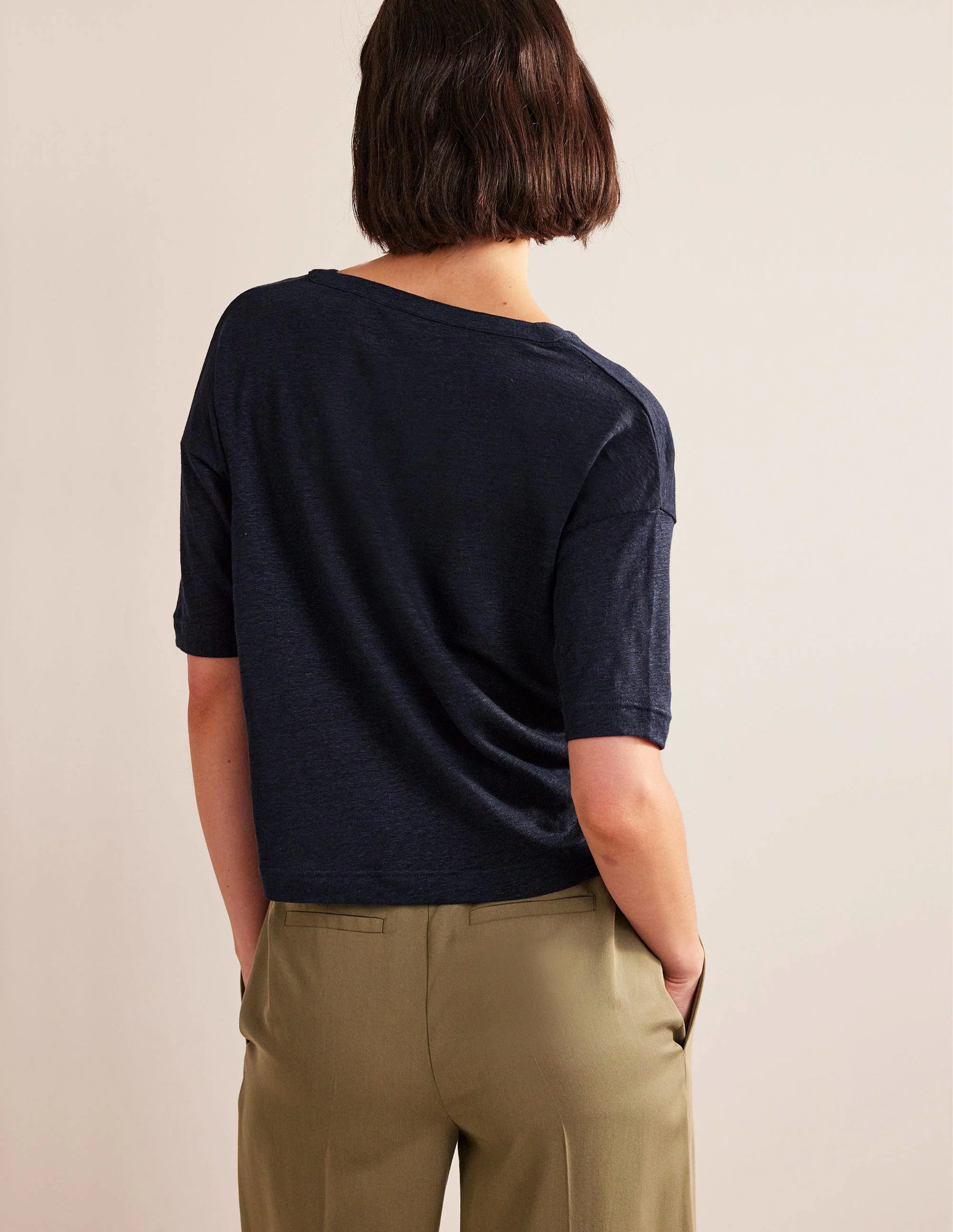 Notch Neck Linen Henley Top-Navy - Image 3
