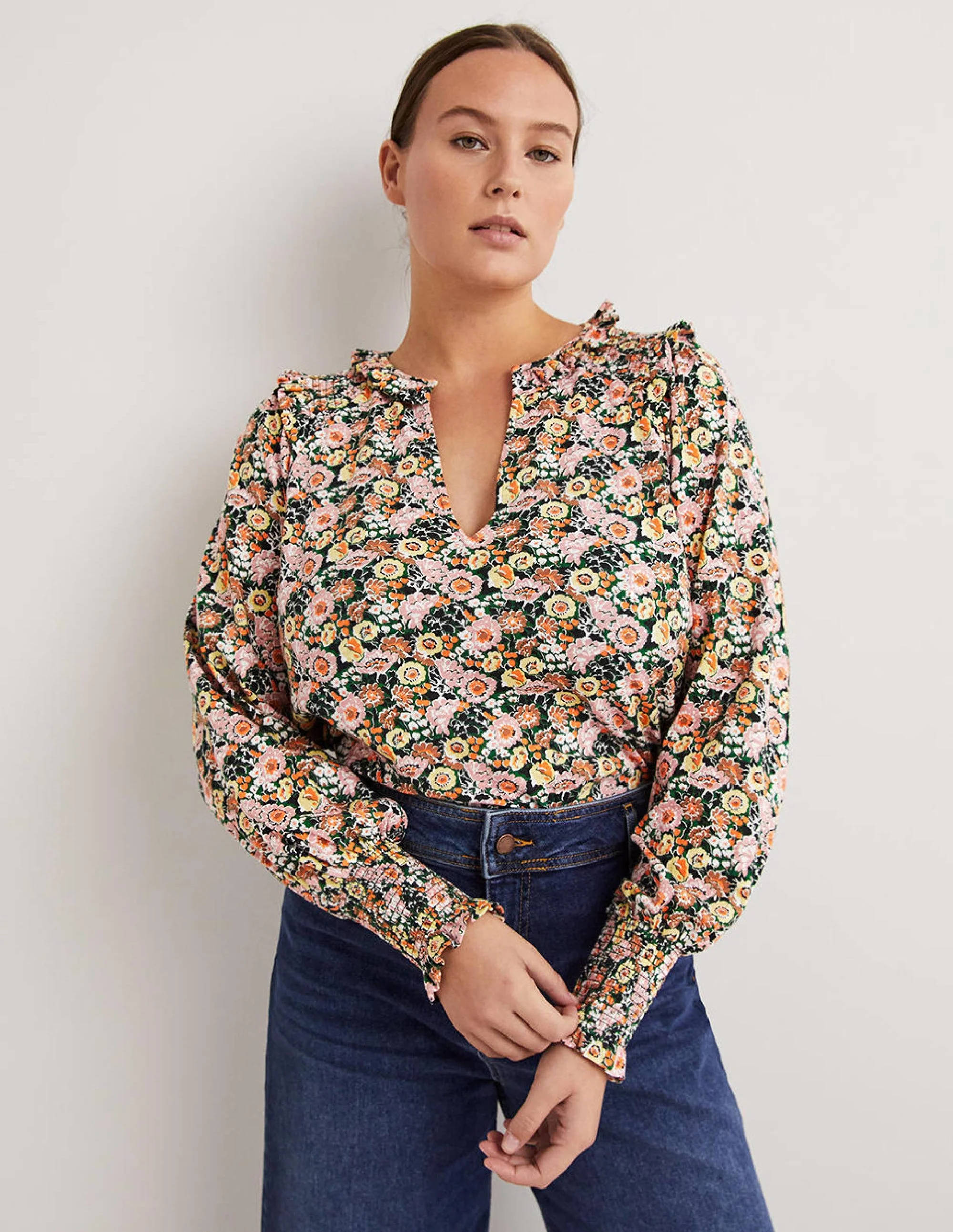 Notch Neck Smocked Frill Top-Almond Pink, Flora Illusion