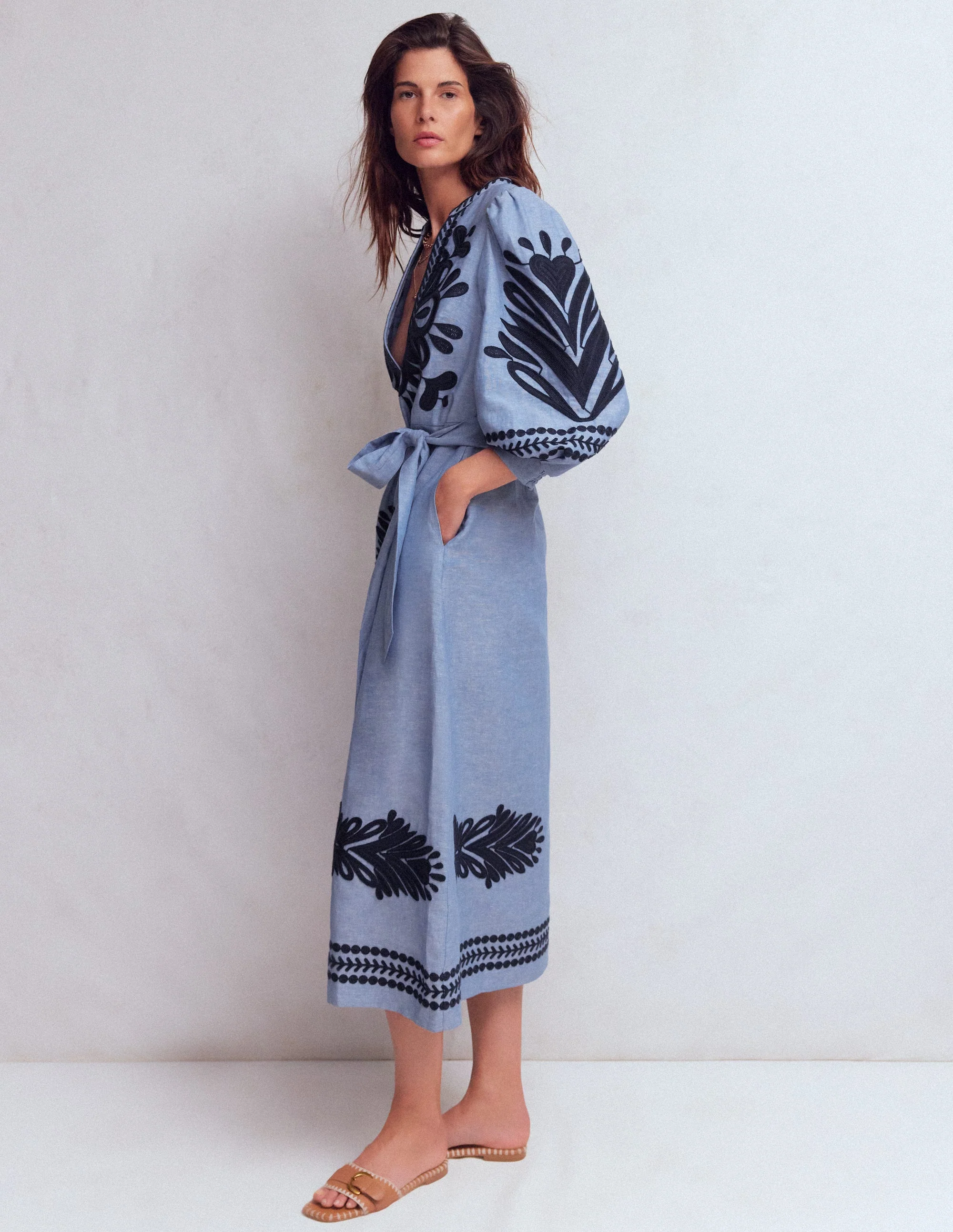 Octavia Linen Blend Dress-Embroidered Chambray