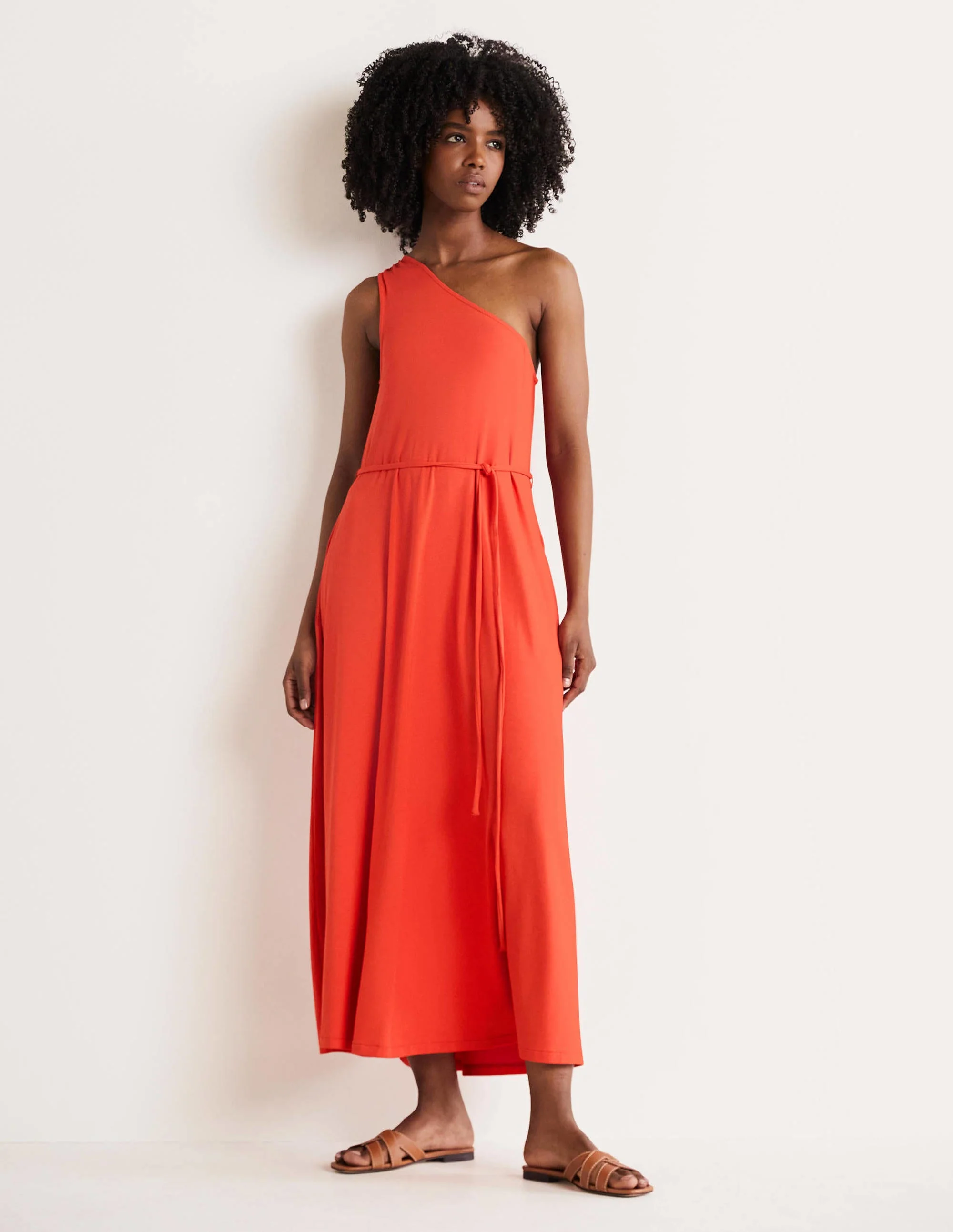 One Shoulder Jersey Midi Dress-Cherry Red