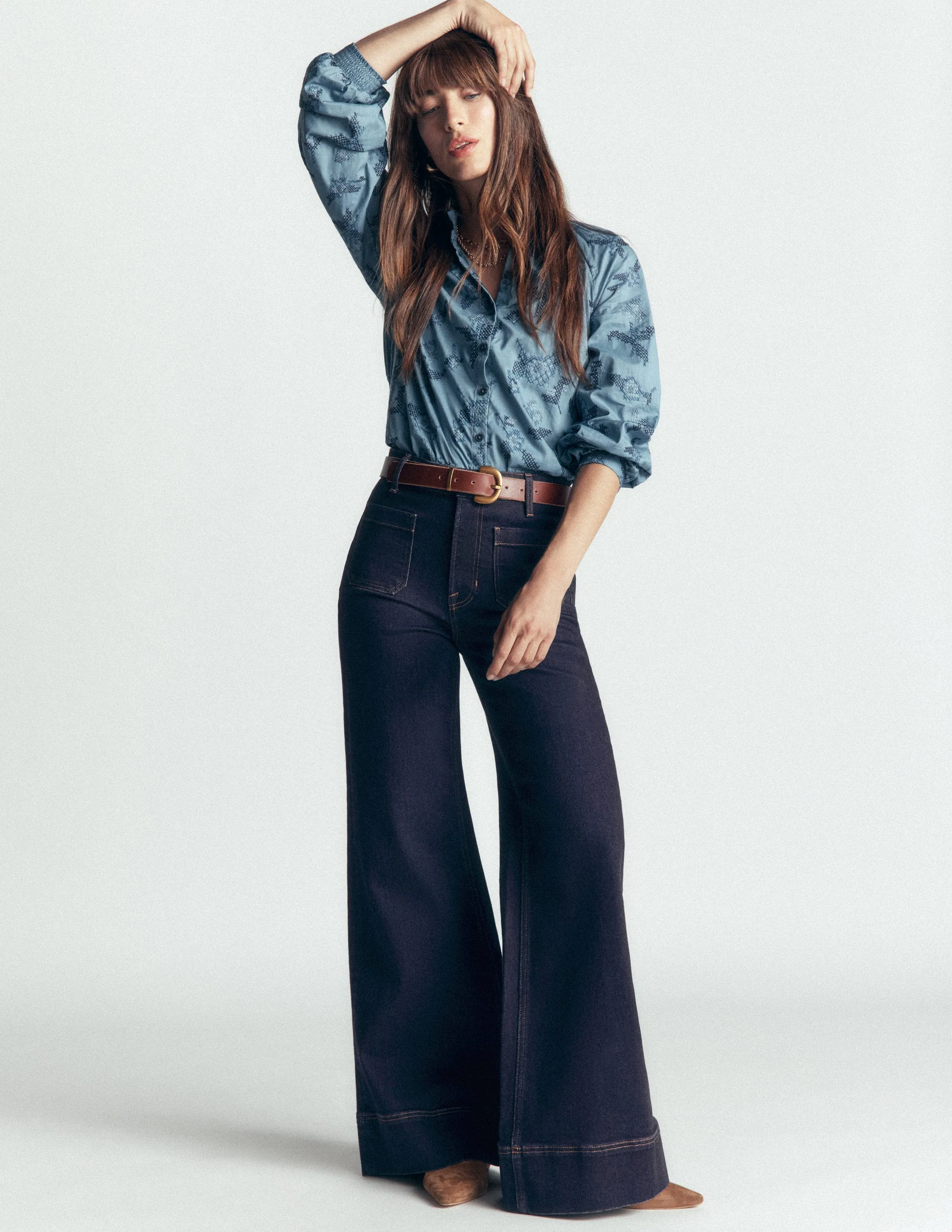 Patch Pocket Flare Jeans-Indigo