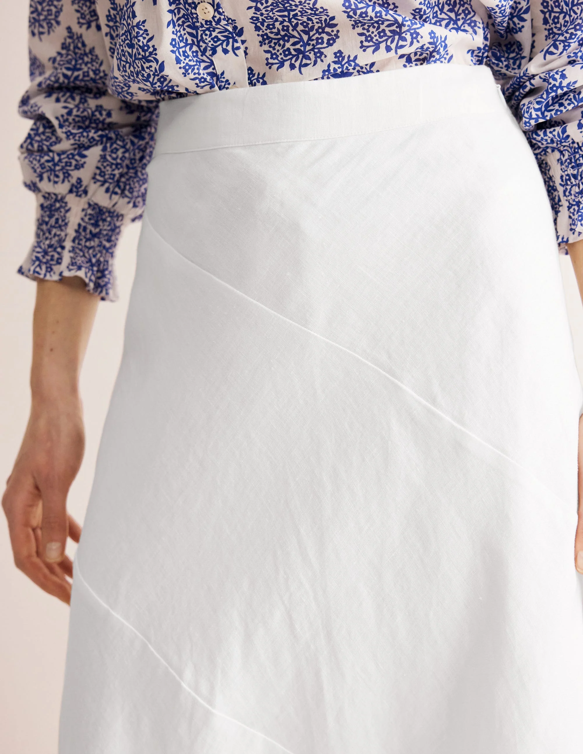 Patchwork Linen Bias Skirt-White - Image 2