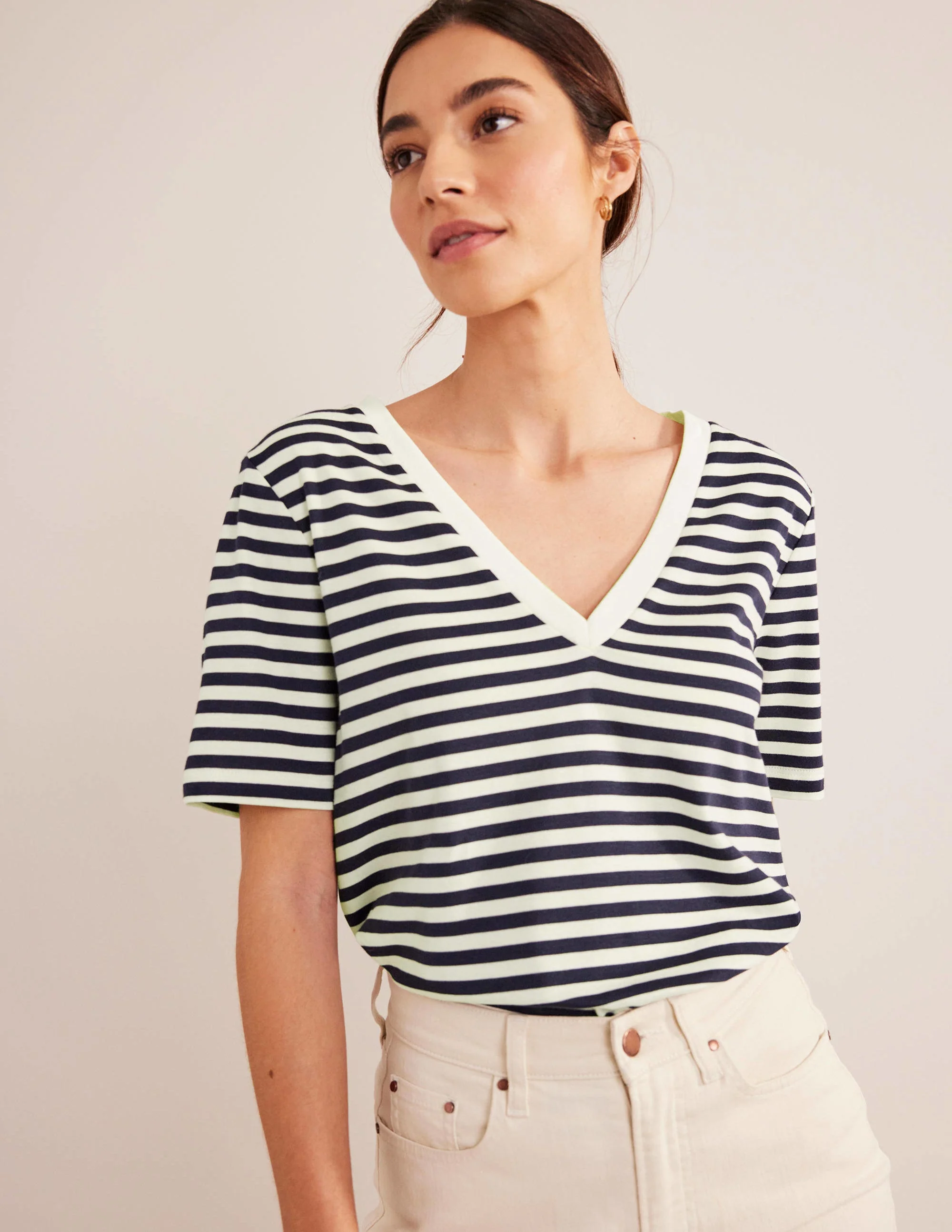 Perfect V-Neck T-Shirt-Ivory / Navy Stripe