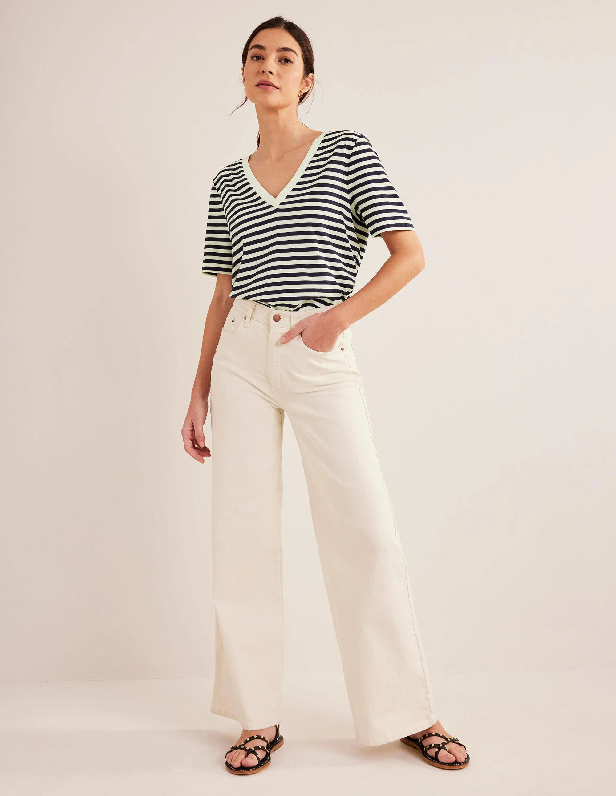 Perfect V-Neck T-Shirt-Ivory / Navy Stripe - Image 4