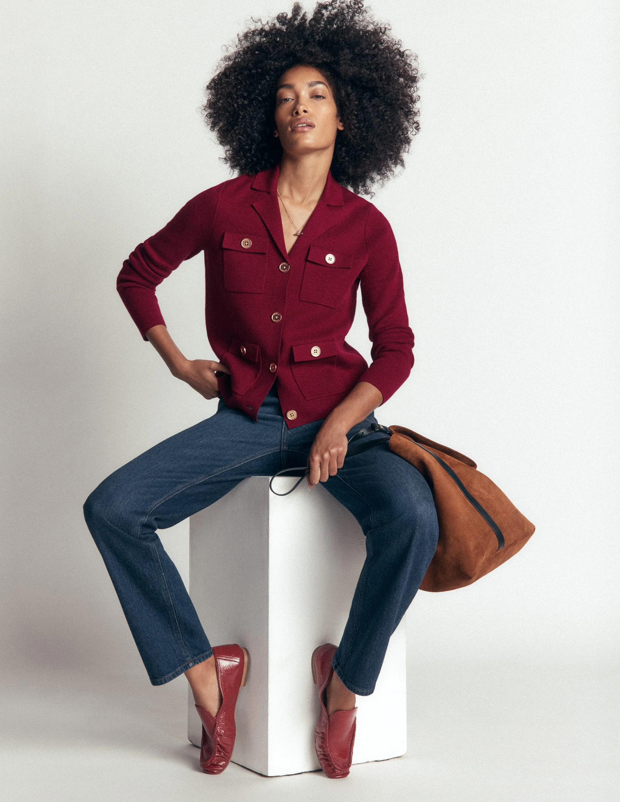 Phoebe Collared Knitted Jacket-Merlot