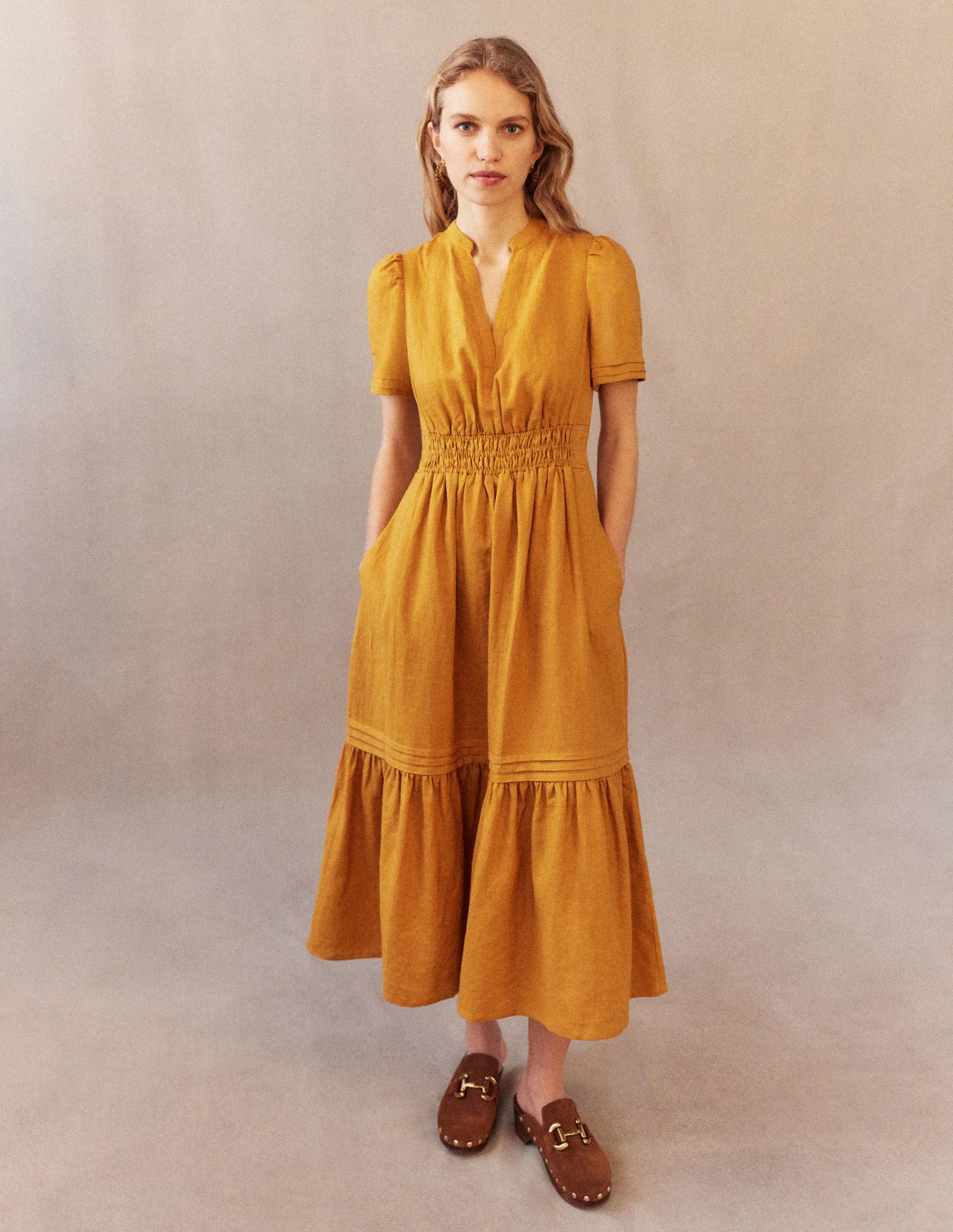 Pintuck Detail Midi Dress-Harvest Gold - Image 6