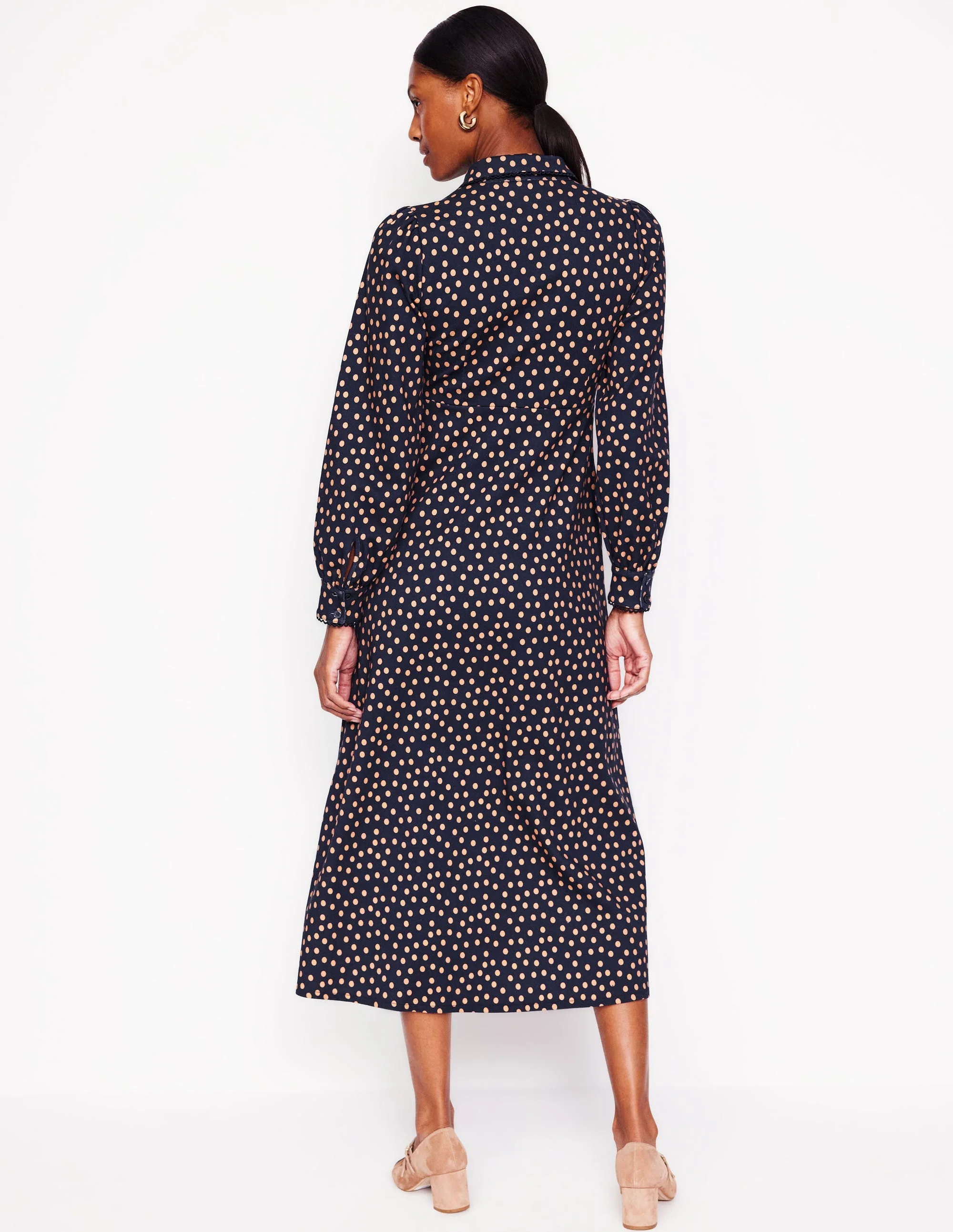 Pip Zip-Up Ponte Midi Dress-French Navy, Abstract Dot - Image 3
