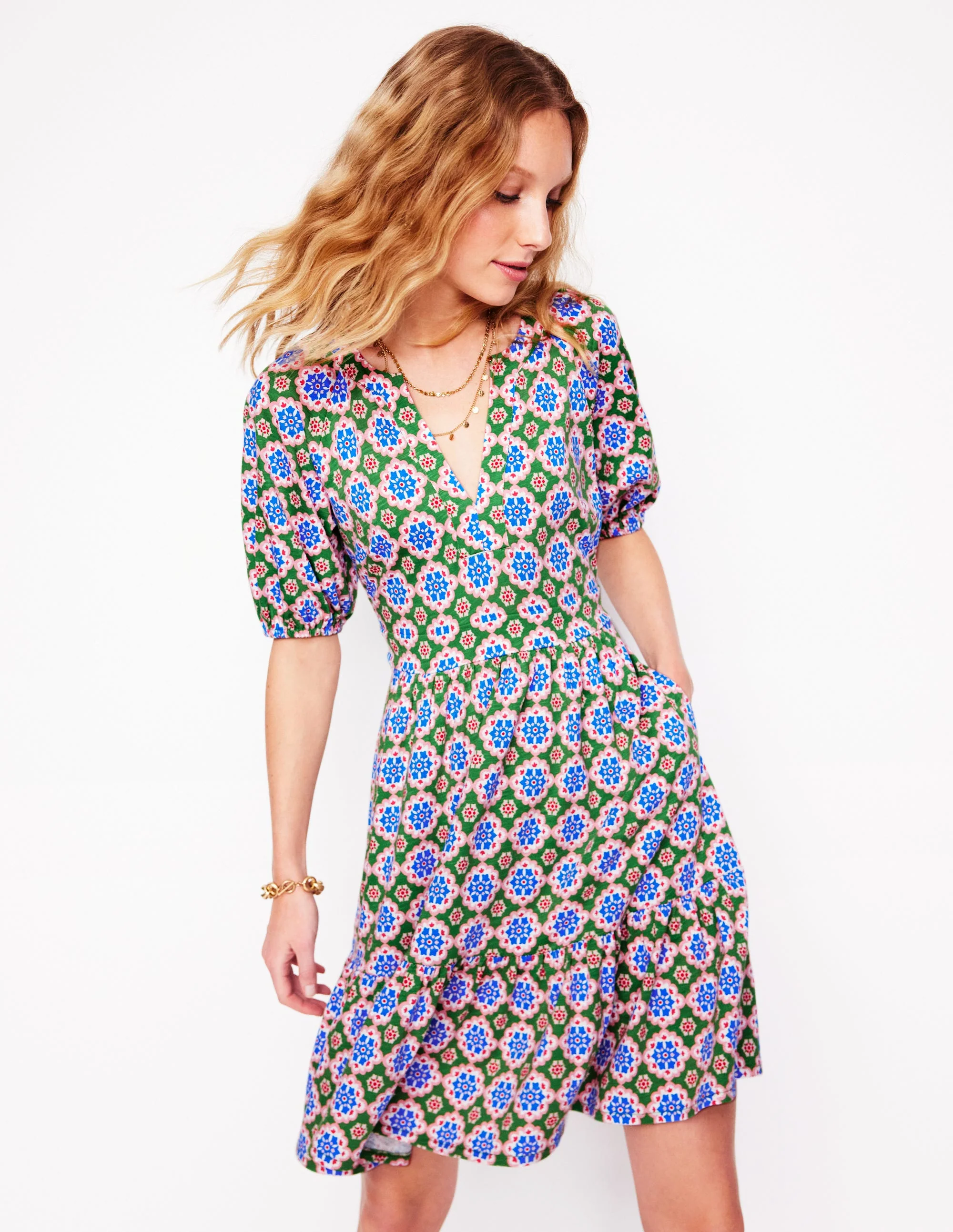 Piper Short Jersey Dress-Iguana Green, Bloom Geo