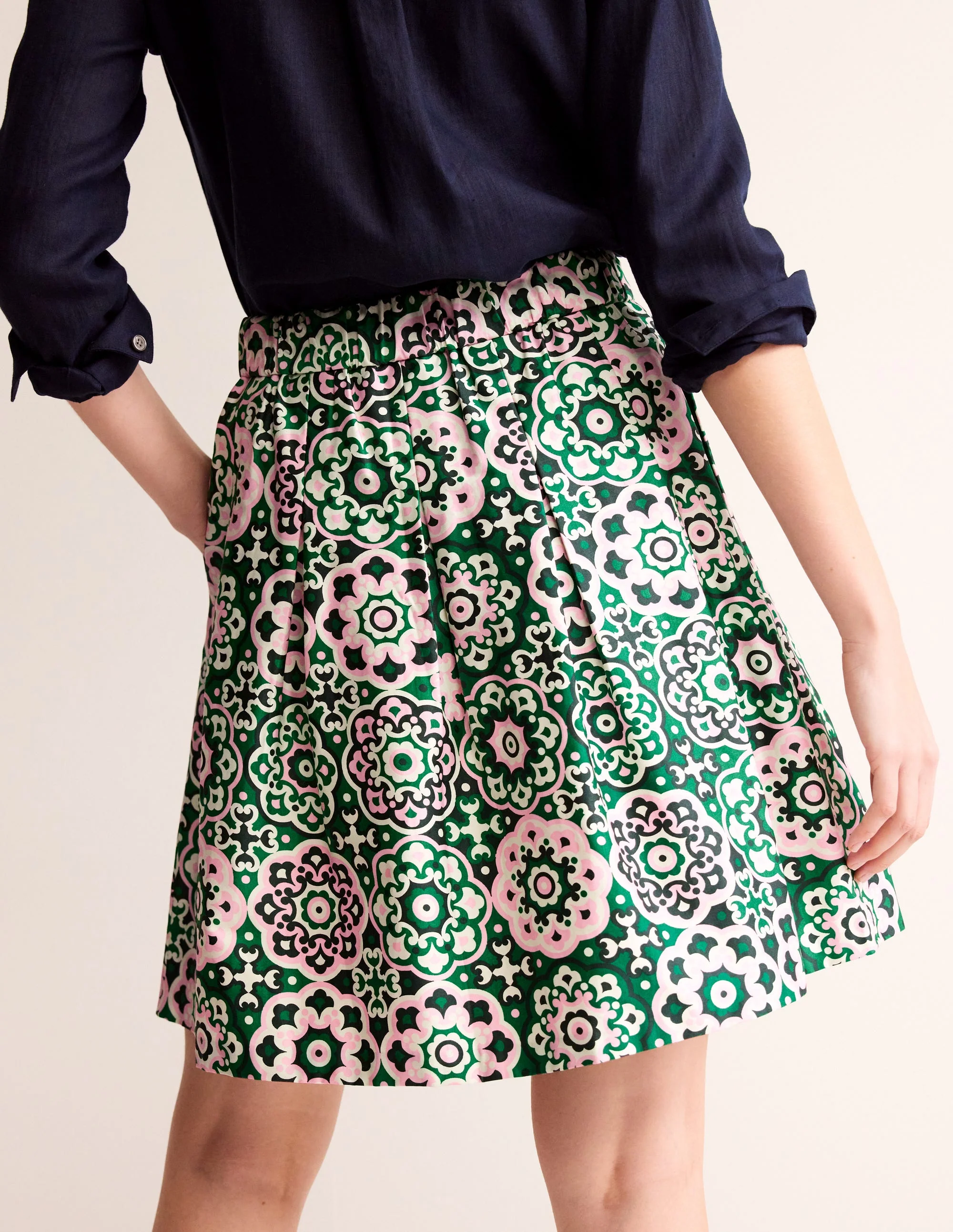 Pleated Cotton Skirt-Green Tambourine, Artisian Geo - Image 4