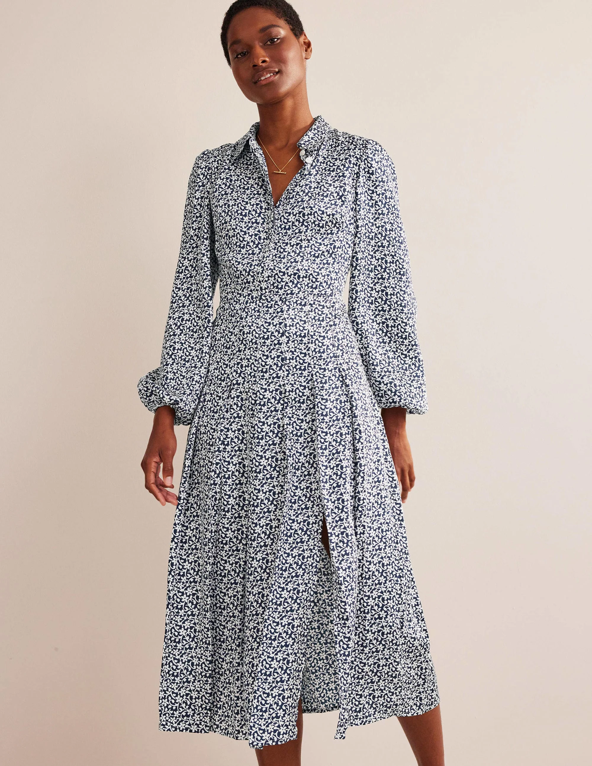 Pleated Skirt Midi Shirt Dress-Navy, Flower Stem - Image 2