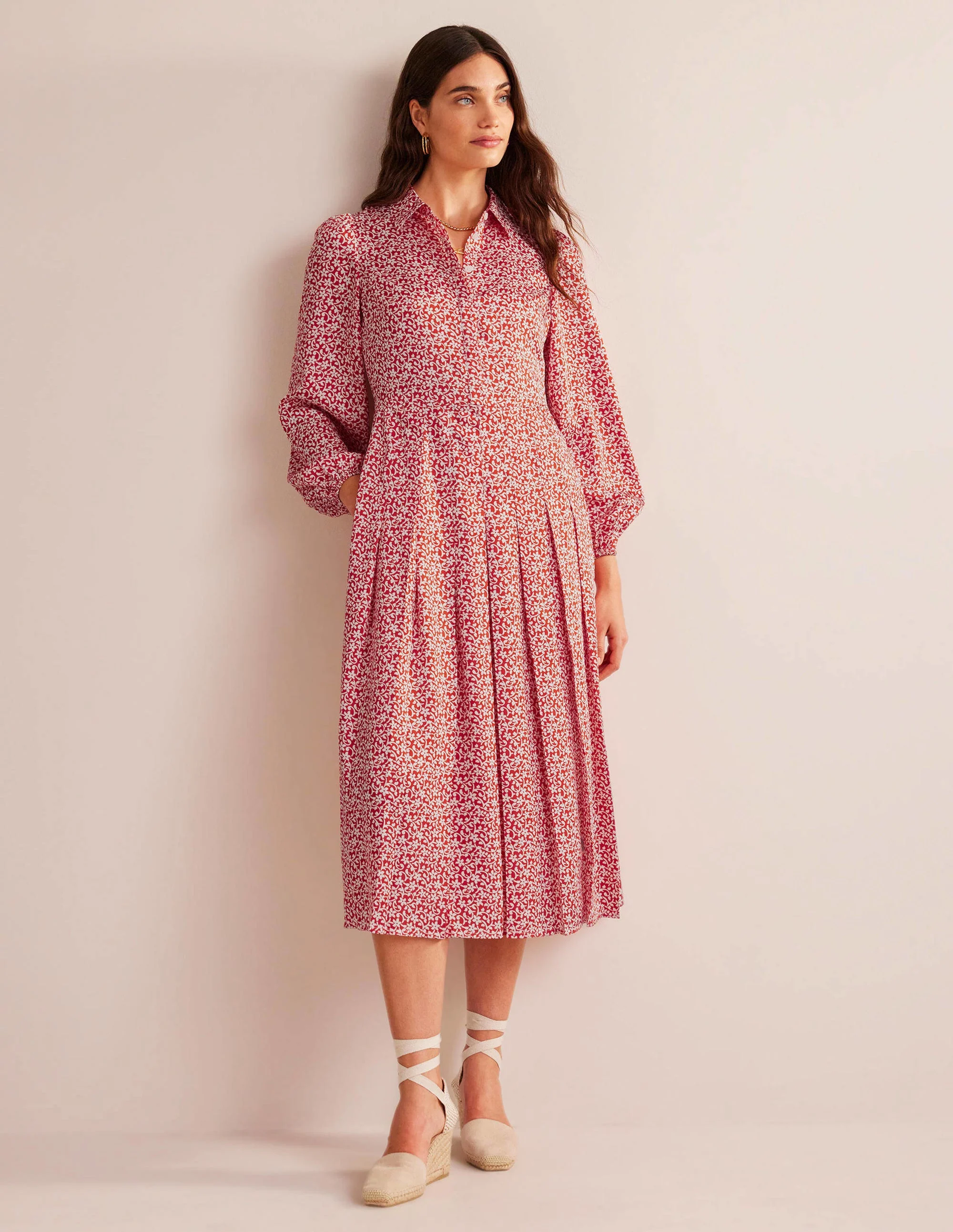 Pleated Skirt Midi Shirt Dress-Vermillion, Flower Stem