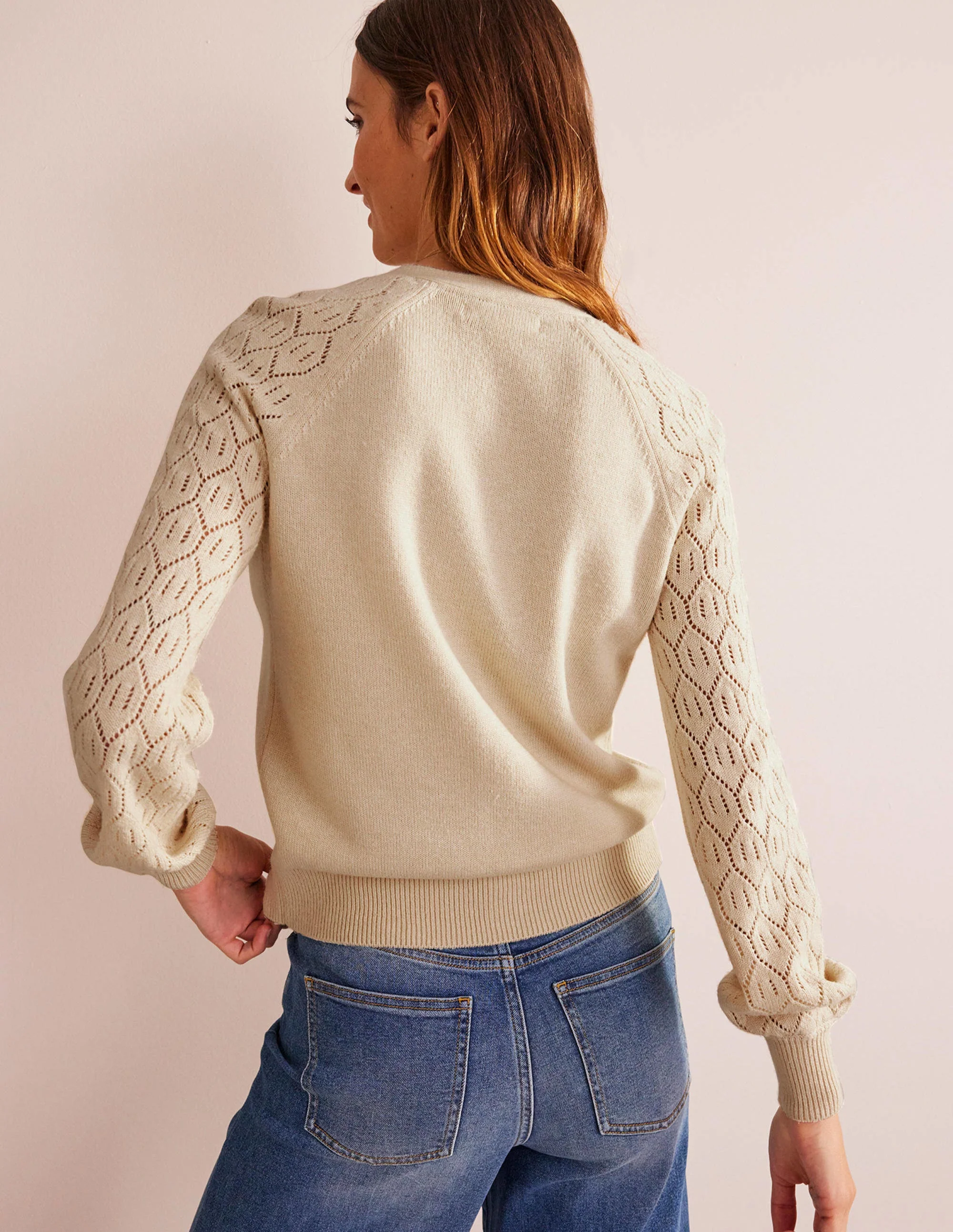 Pointelle Sleeve Cardigan-Warm Ivory - Image 3