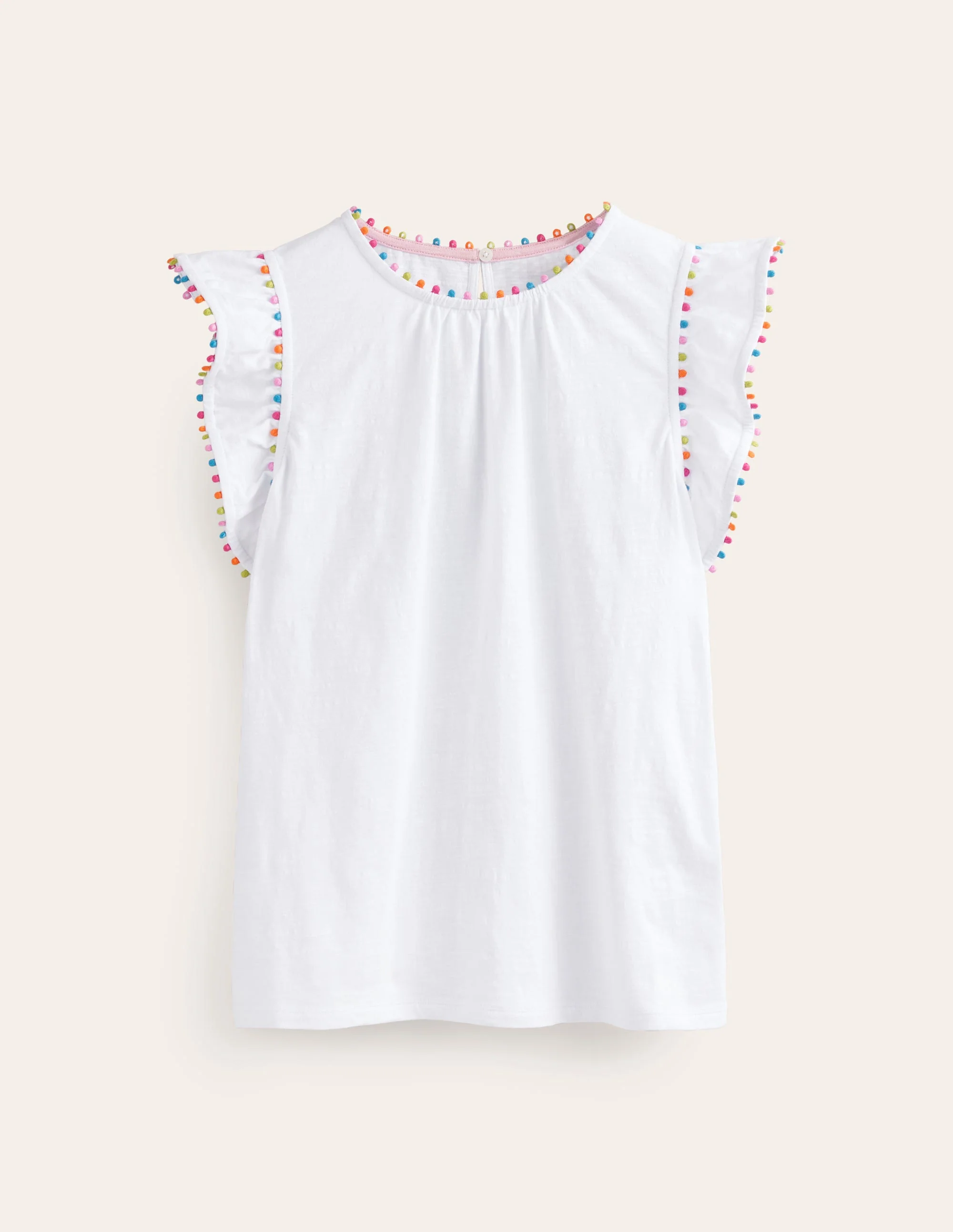 Pom Trim Ruffle Sleeve Top-White - Image 5