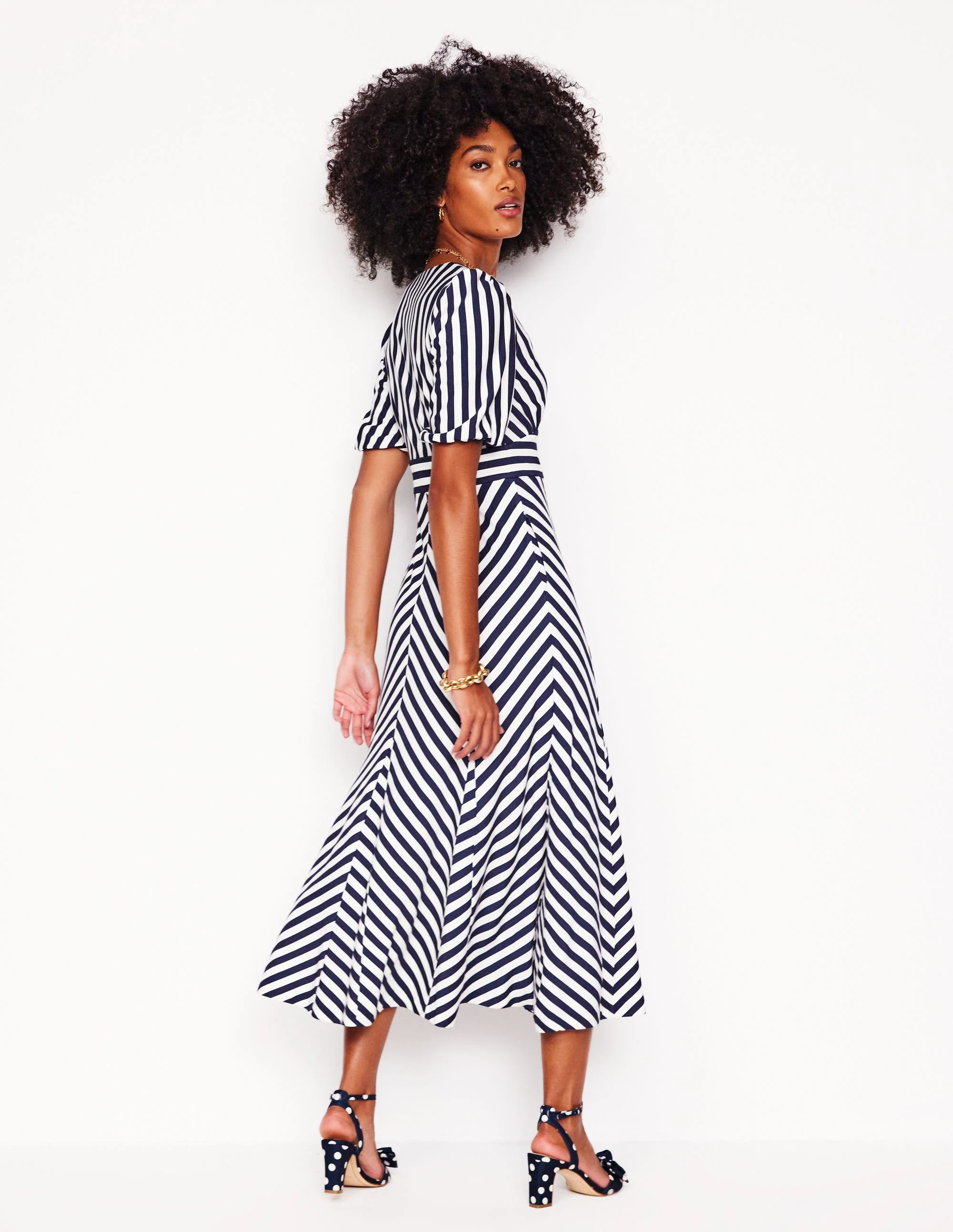 Ponte Panelled Tea Dress-French Navy, Ivory Stripe - Image 3
