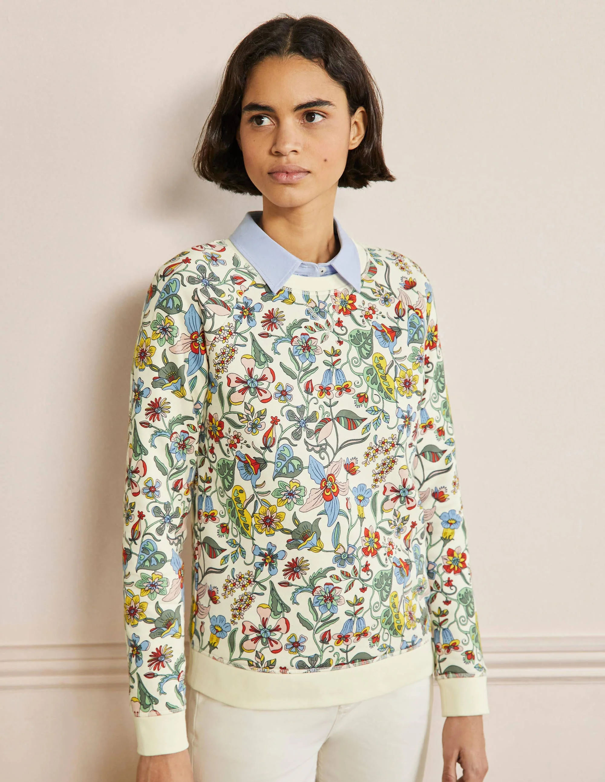 Printed Cotton Sweatshirt-Ivory, Tropic Florals