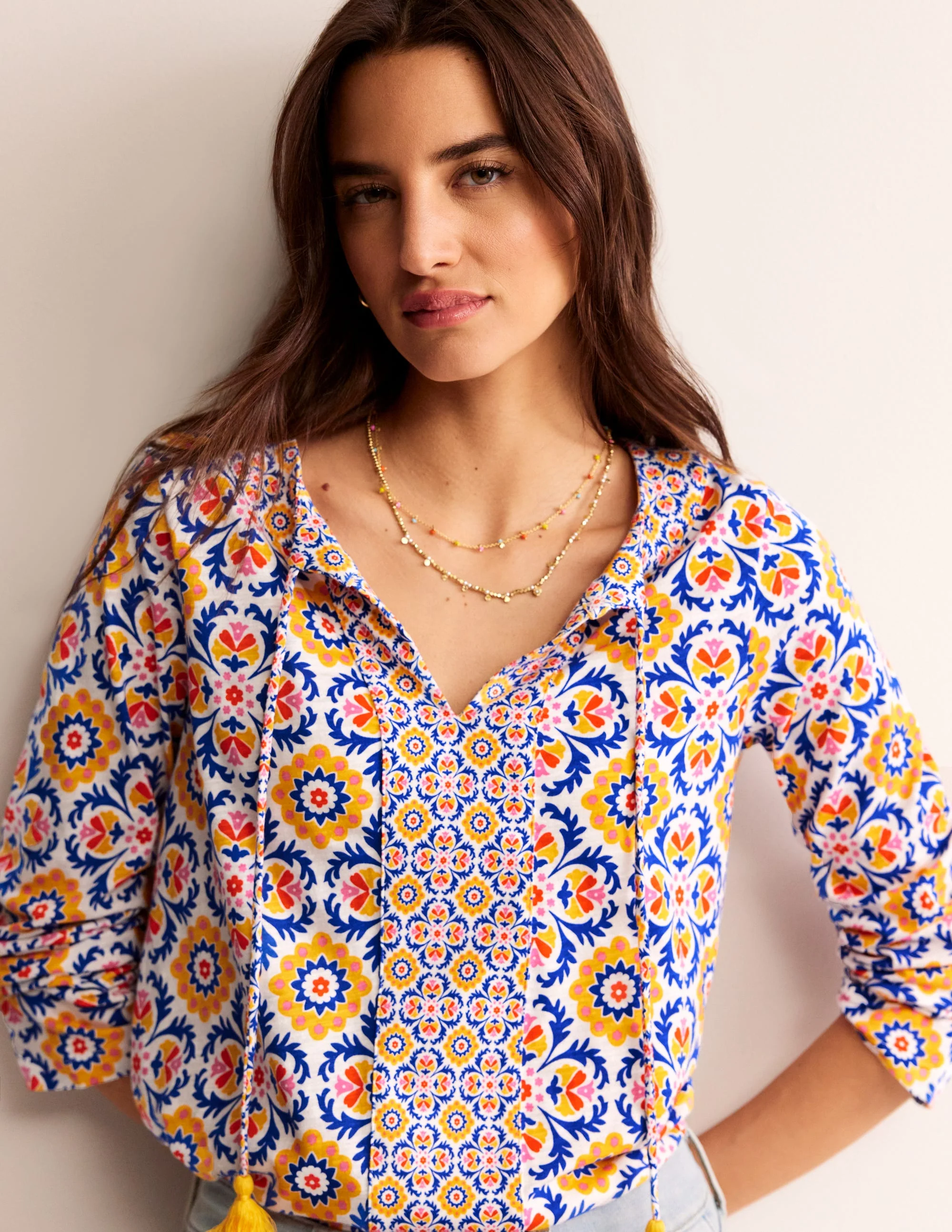 Printed Tie Neck Top-Artisans Gold, Mosaic Bloom - Image 2