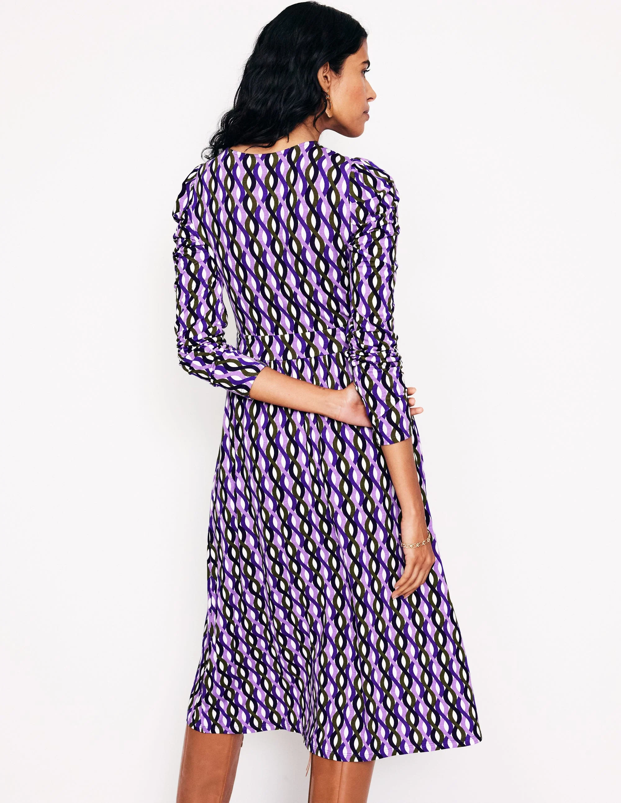 Puff Sleeve Blouson Dress-Multi, Trellis Wave - Image 3