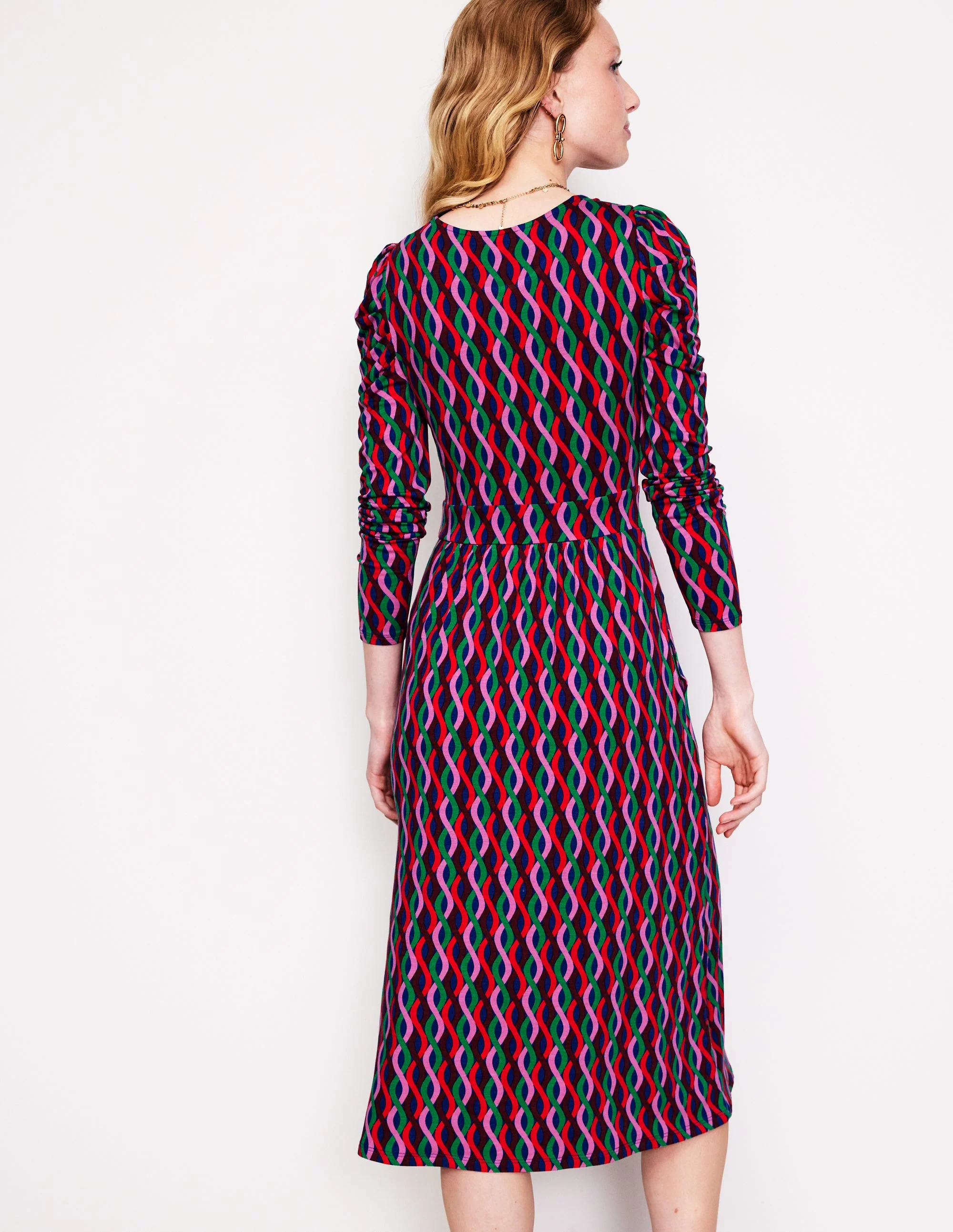Puff Sleeve Blouson Dress-Pink, Trellis Wave - Image 4