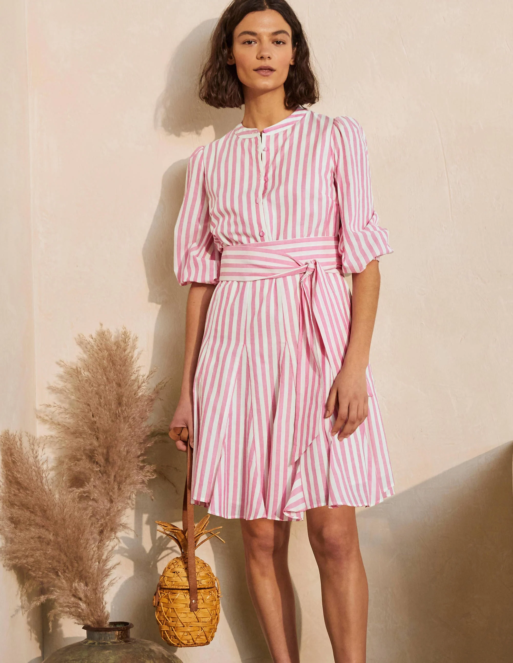 Puff Sleeve Cotton Dress-Party Pink Stripe - Image 6