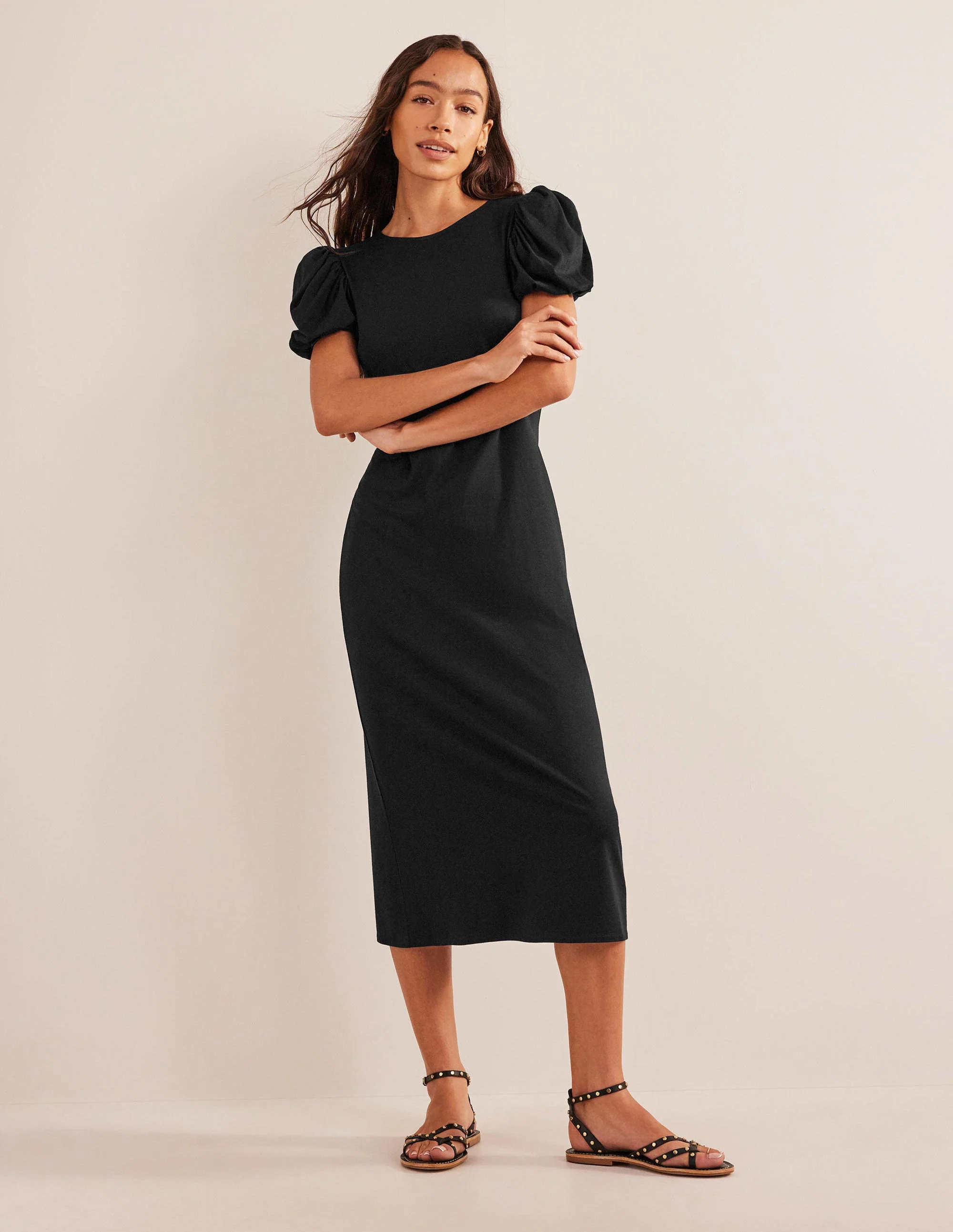 Puff Sleeve Jersey Midi Dress-Black