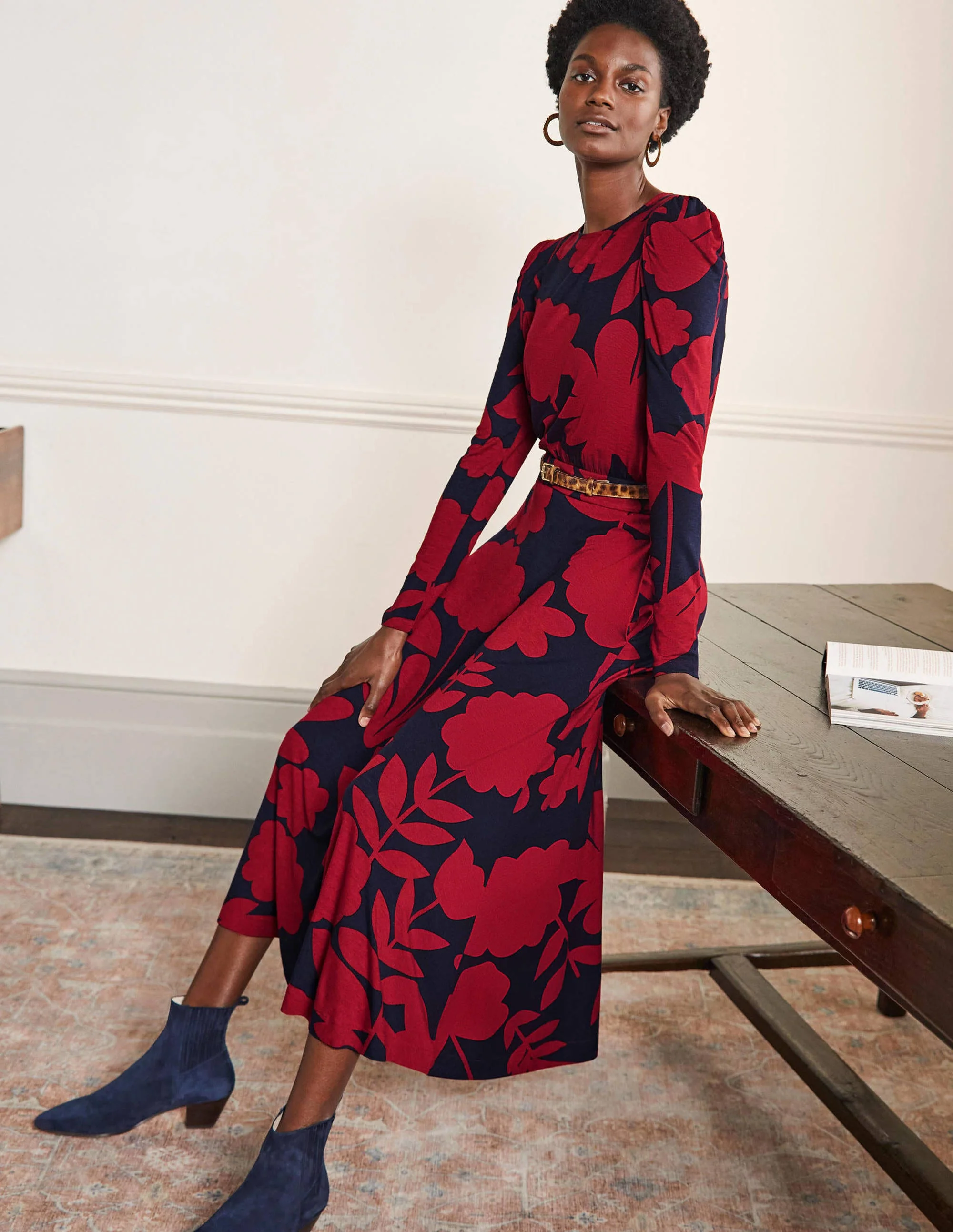 Puff Sleeve Jersey Midi Dress-Winter Berry, Floral Bloom