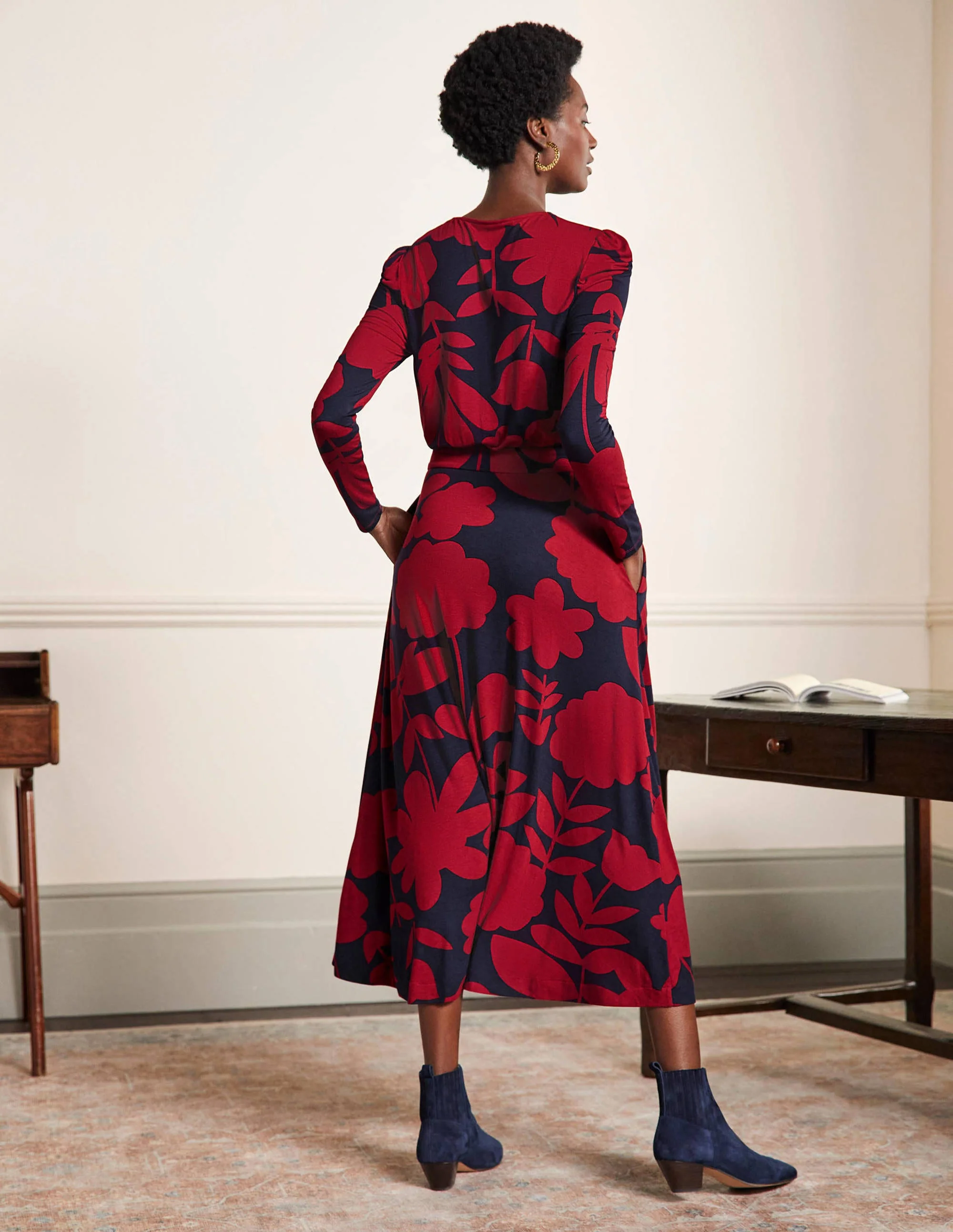 Puff Sleeve Jersey Midi Dress-Winter Berry, Floral Bloom - Image 3
