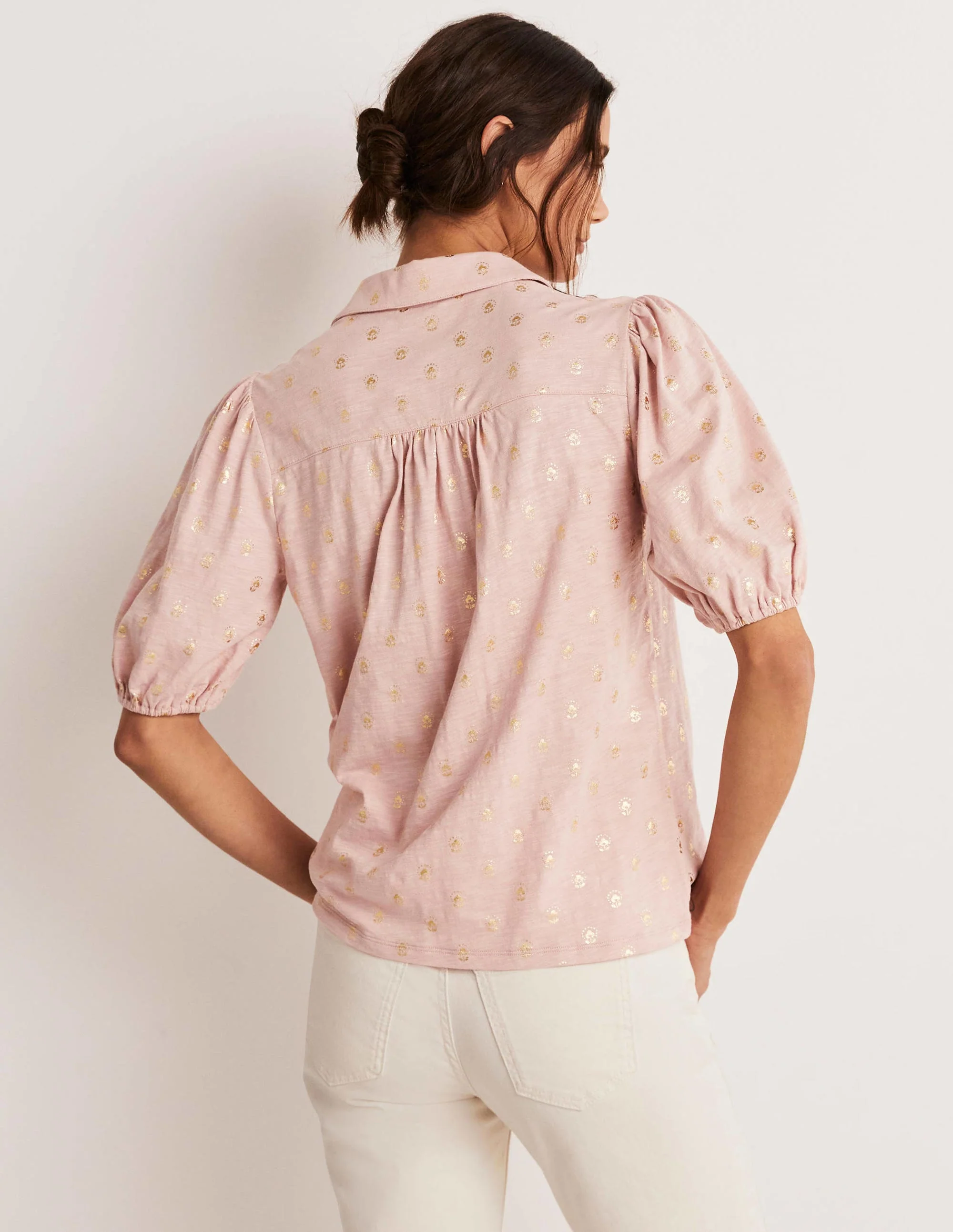 Puff Sleeve Jersey Shirt-Milkshake, Botanic Foil Bud - Image 3
