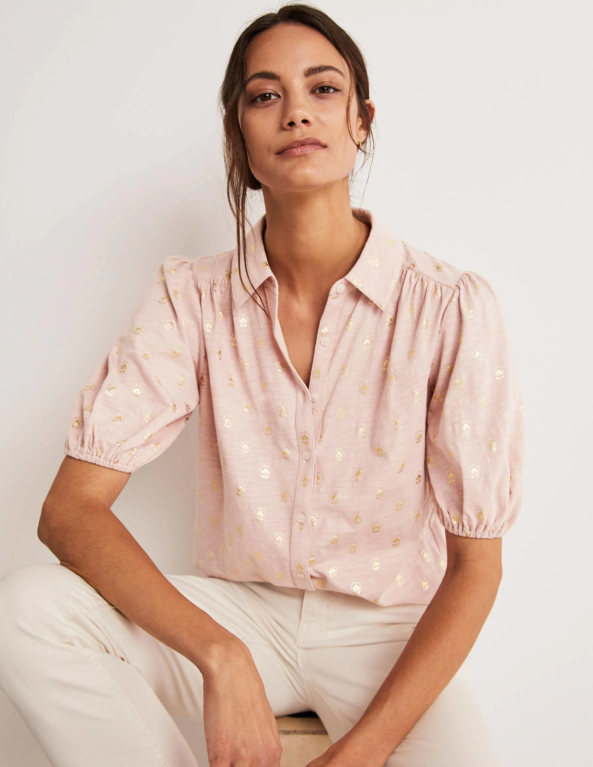 Puff Sleeve Jersey Shirt-Milkshake, Botanic Foil Bud - Image 4