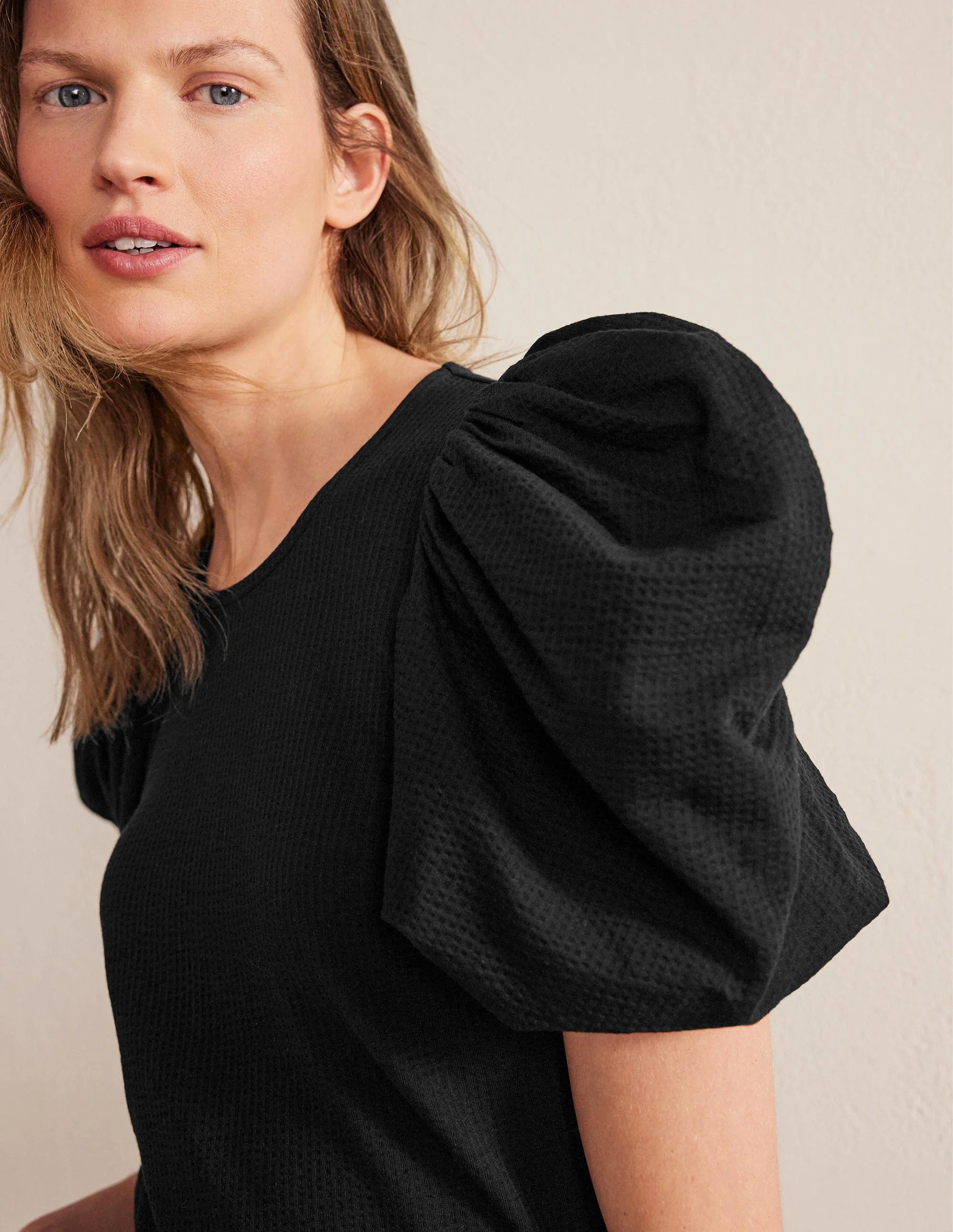 Puff Sleeve Jersey Top-Black - Image 2