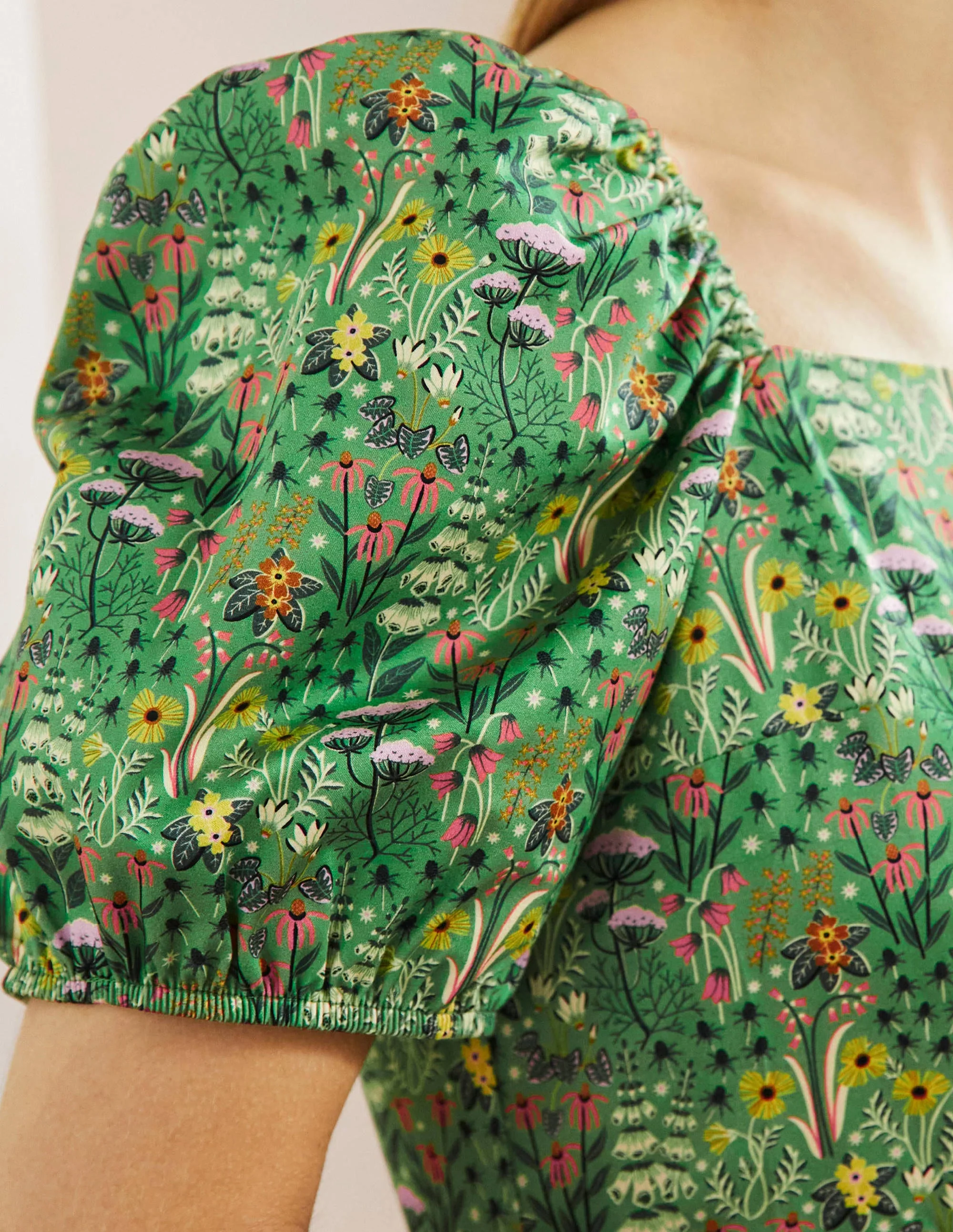 Puff Sleeve Mini Dress-Rich Emerald, Wildflower Bloom - Image 2