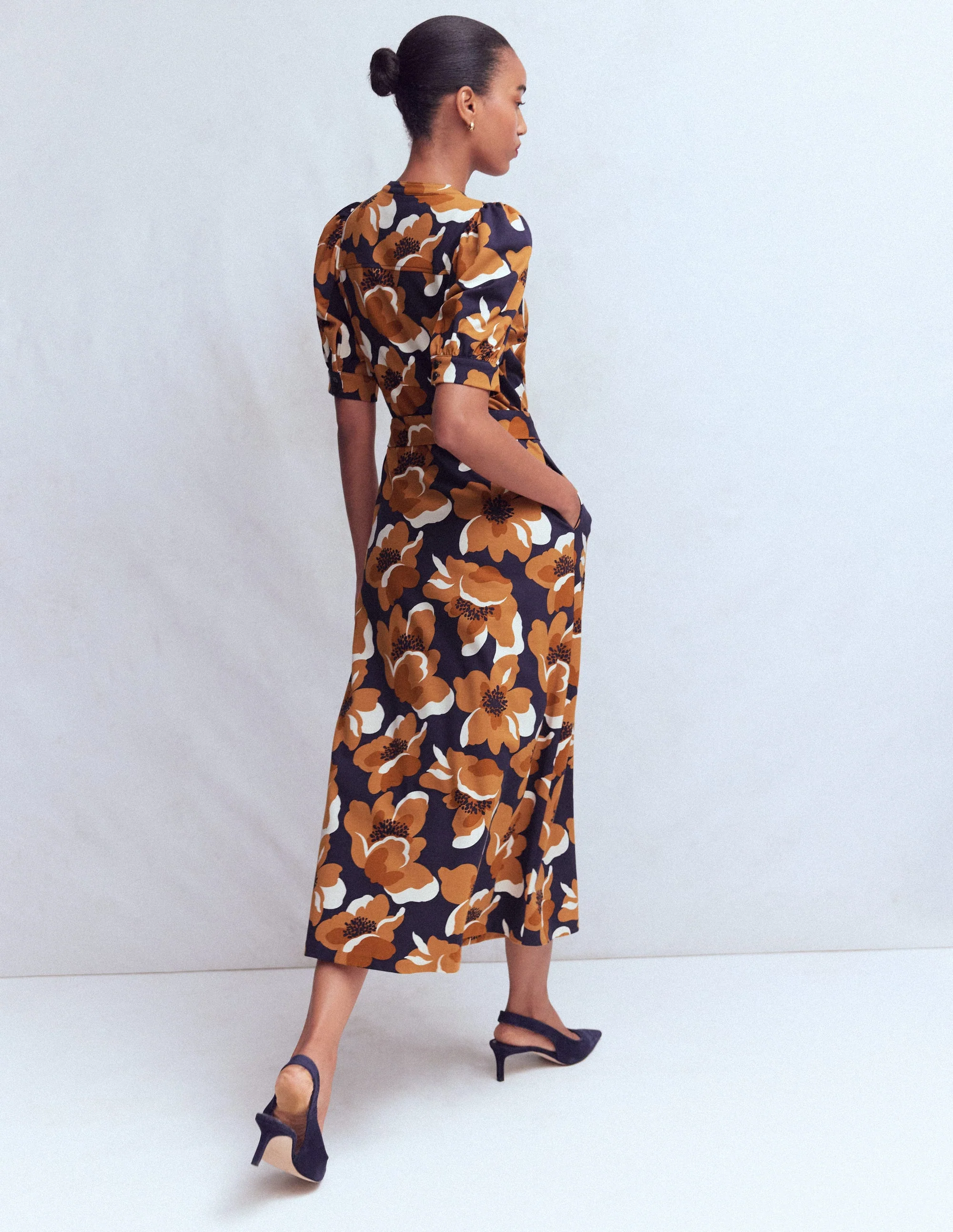 Puff Sleeve Ponte Shirt Dress-French Navy, Flowering Garden - Image 3