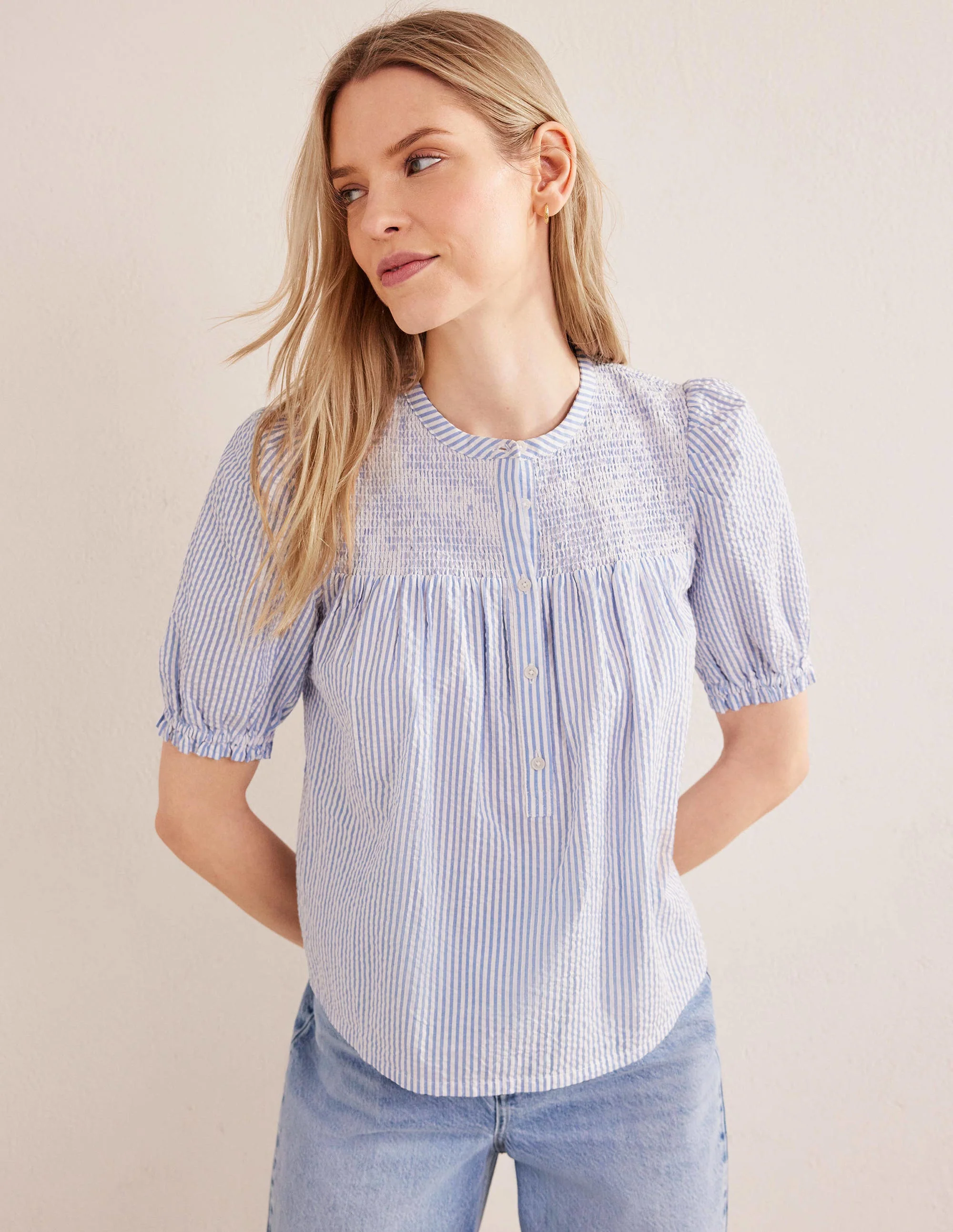 Puff Sleeve Seersucker Popover-Provence & Ivory Seersucker