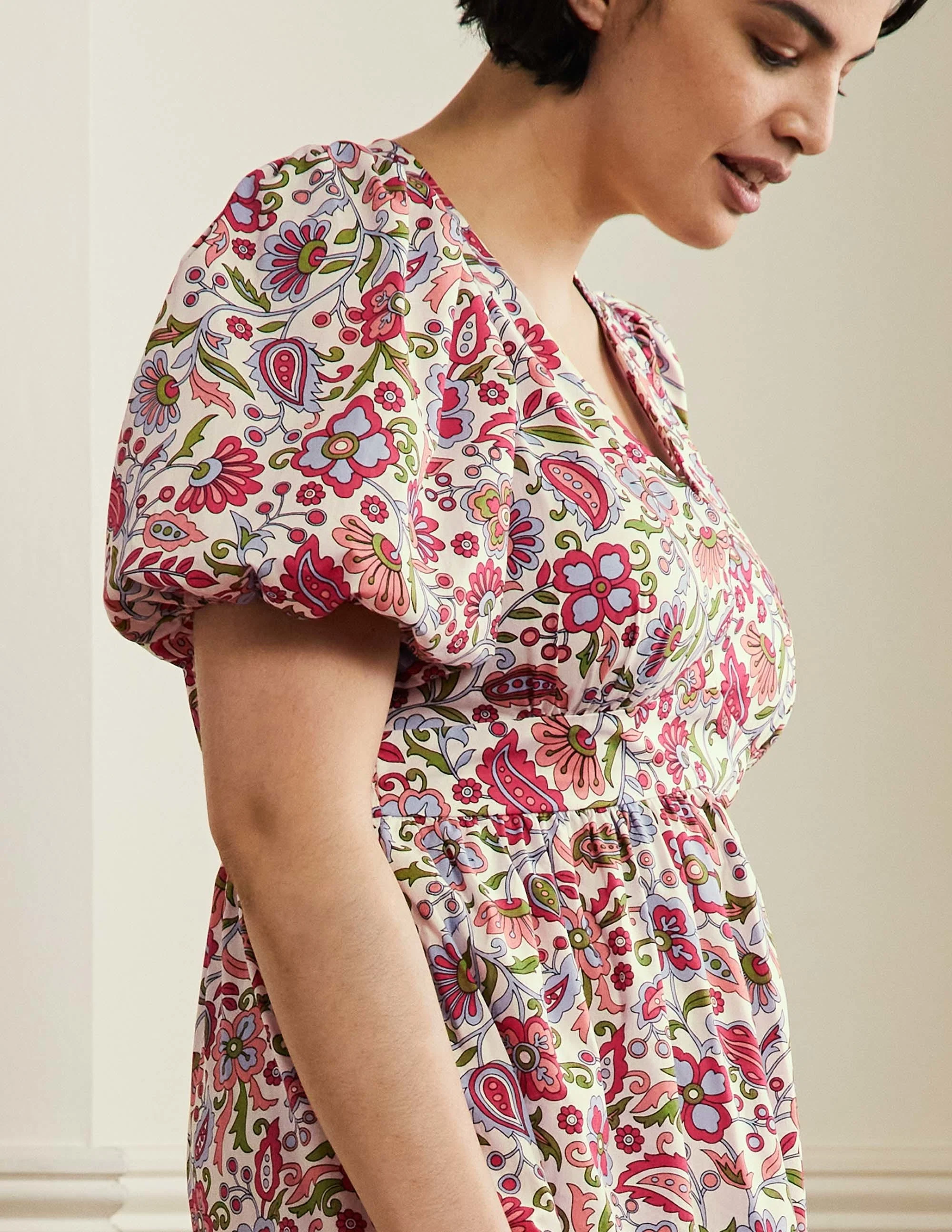 Puff Sleeve Tiered Midi Dress-Ivory, Oriental Paradise - Image 10