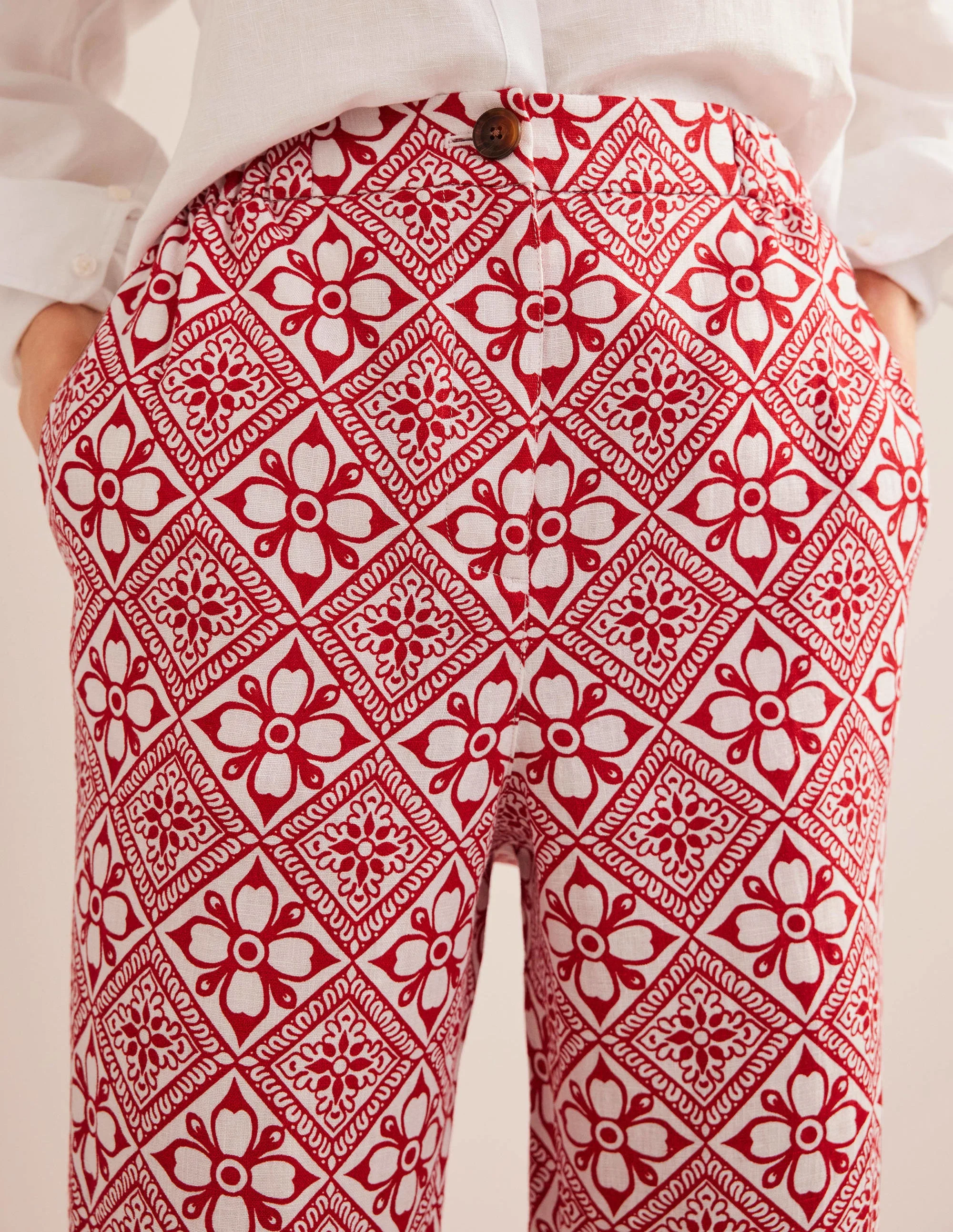 Pull-on Linen Trousers-Poinsettia, Block Pome - Image 2