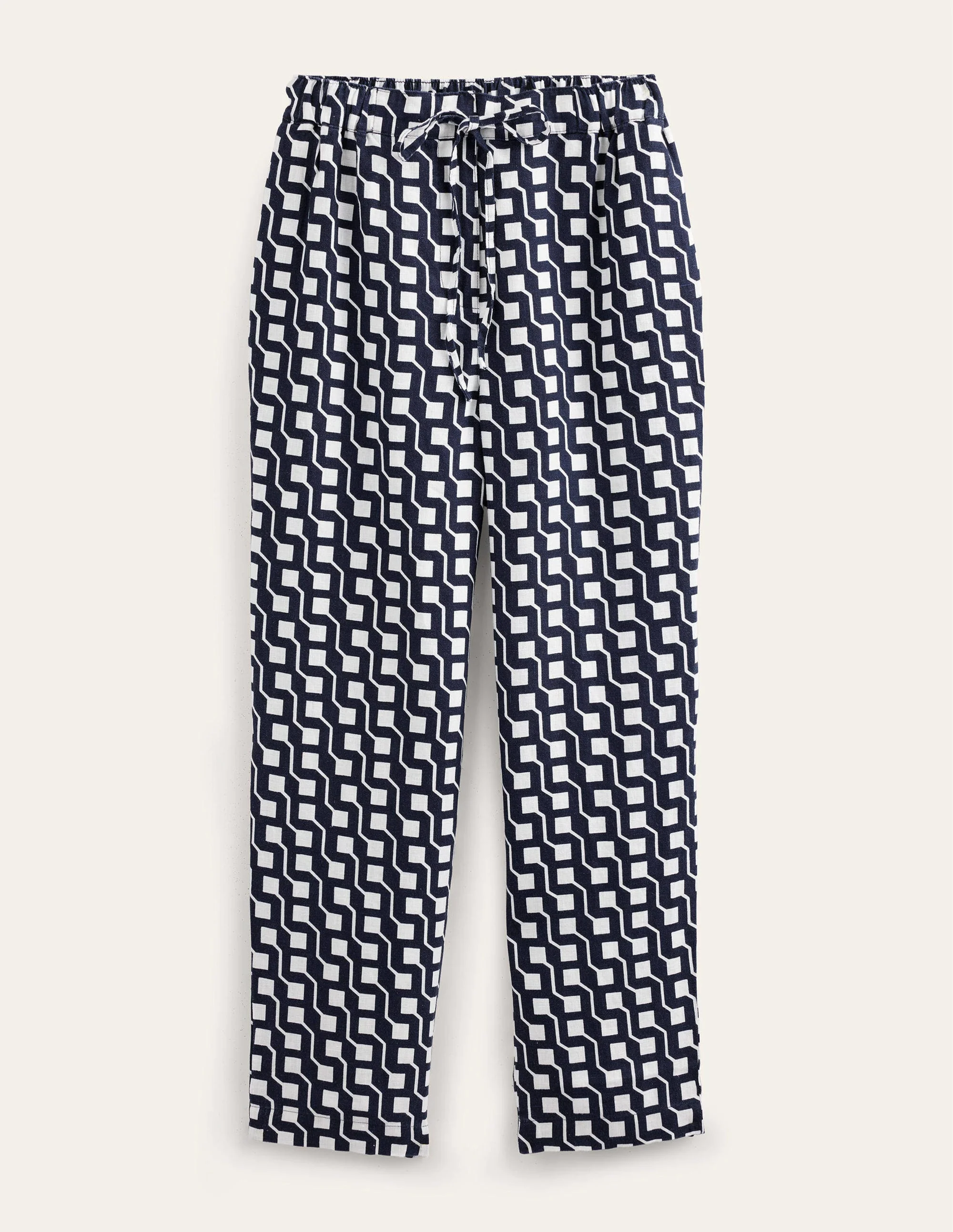 Relaxed Linen Pull On Trousers-Navy, Cube Geo - Image 5
