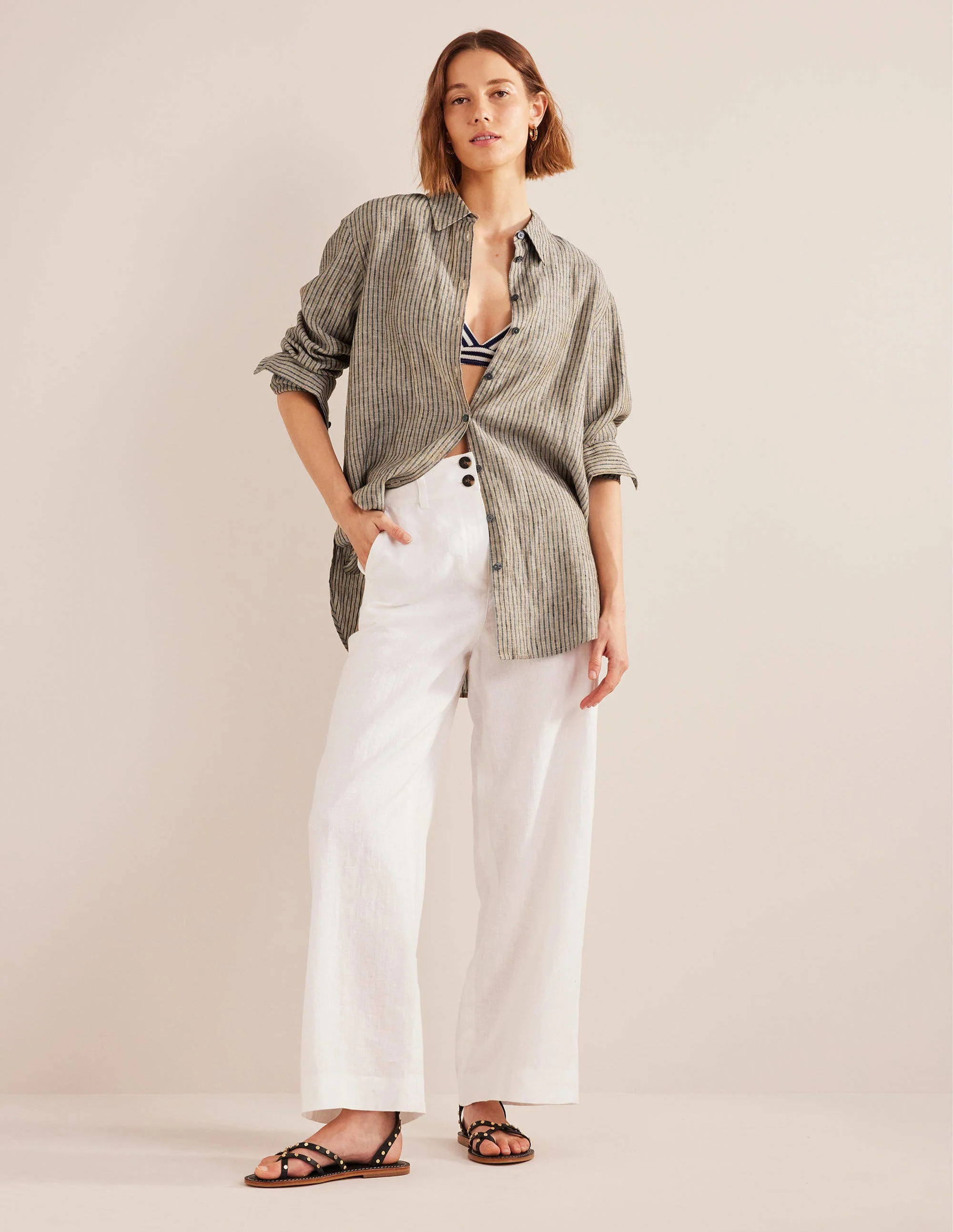 Relaxed Linen Shirt-Camel and Black Sparkle Stripe - Image 4