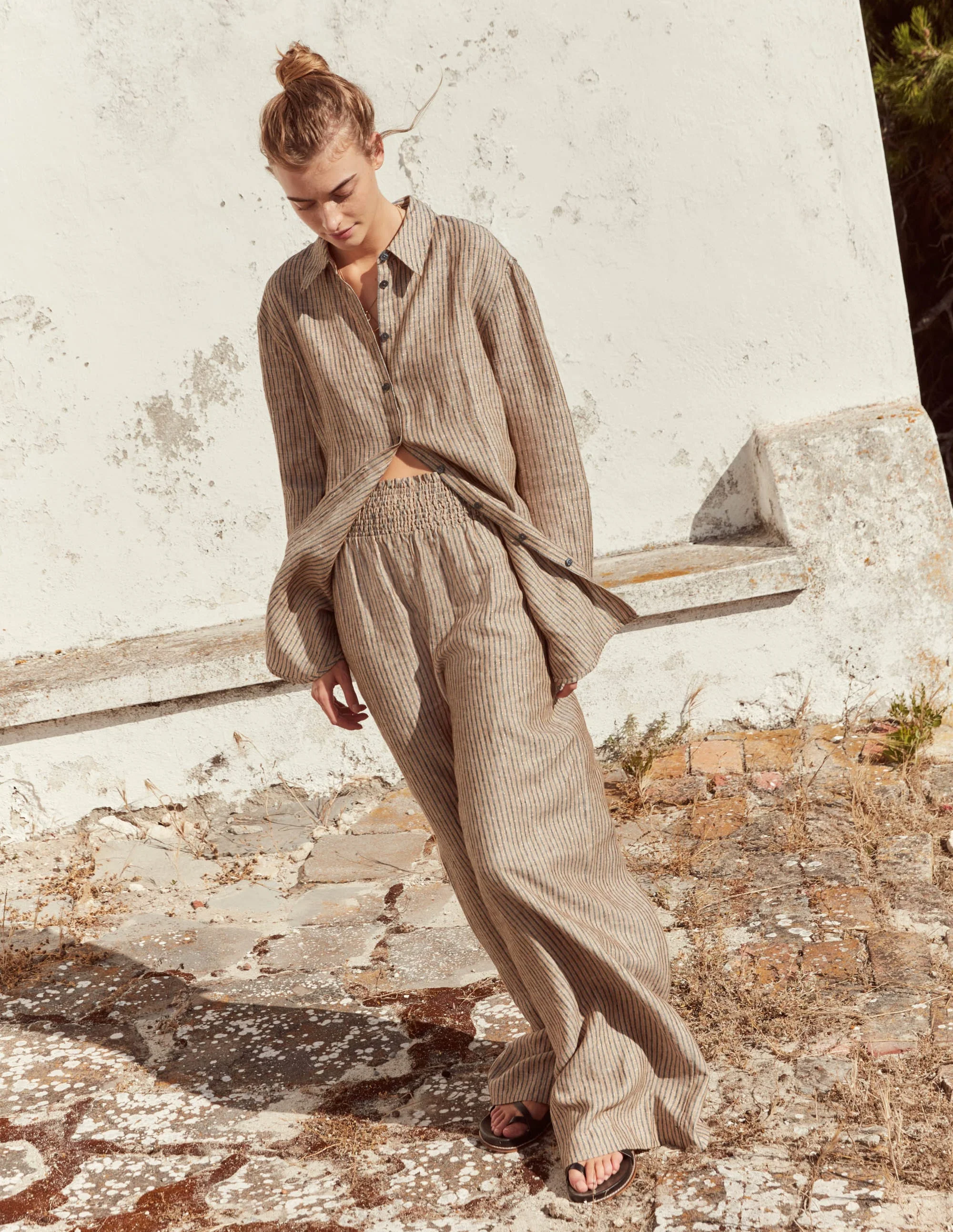 Relaxed Linen Shirt-Camel and Black Sparkle Stripe - Image 6