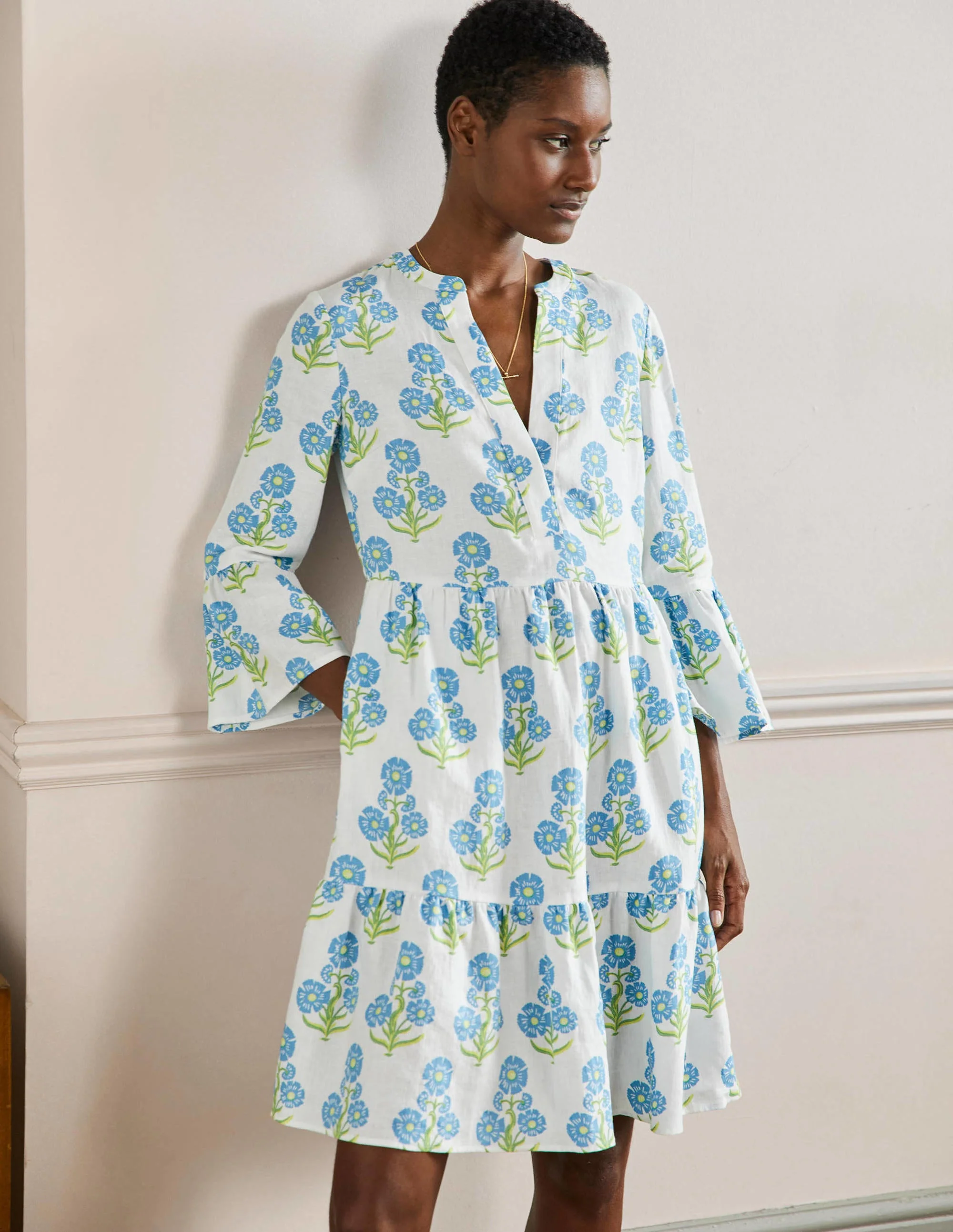 Relaxed Linen Tiered Dress-Molly Mahon Flower Woodblock
