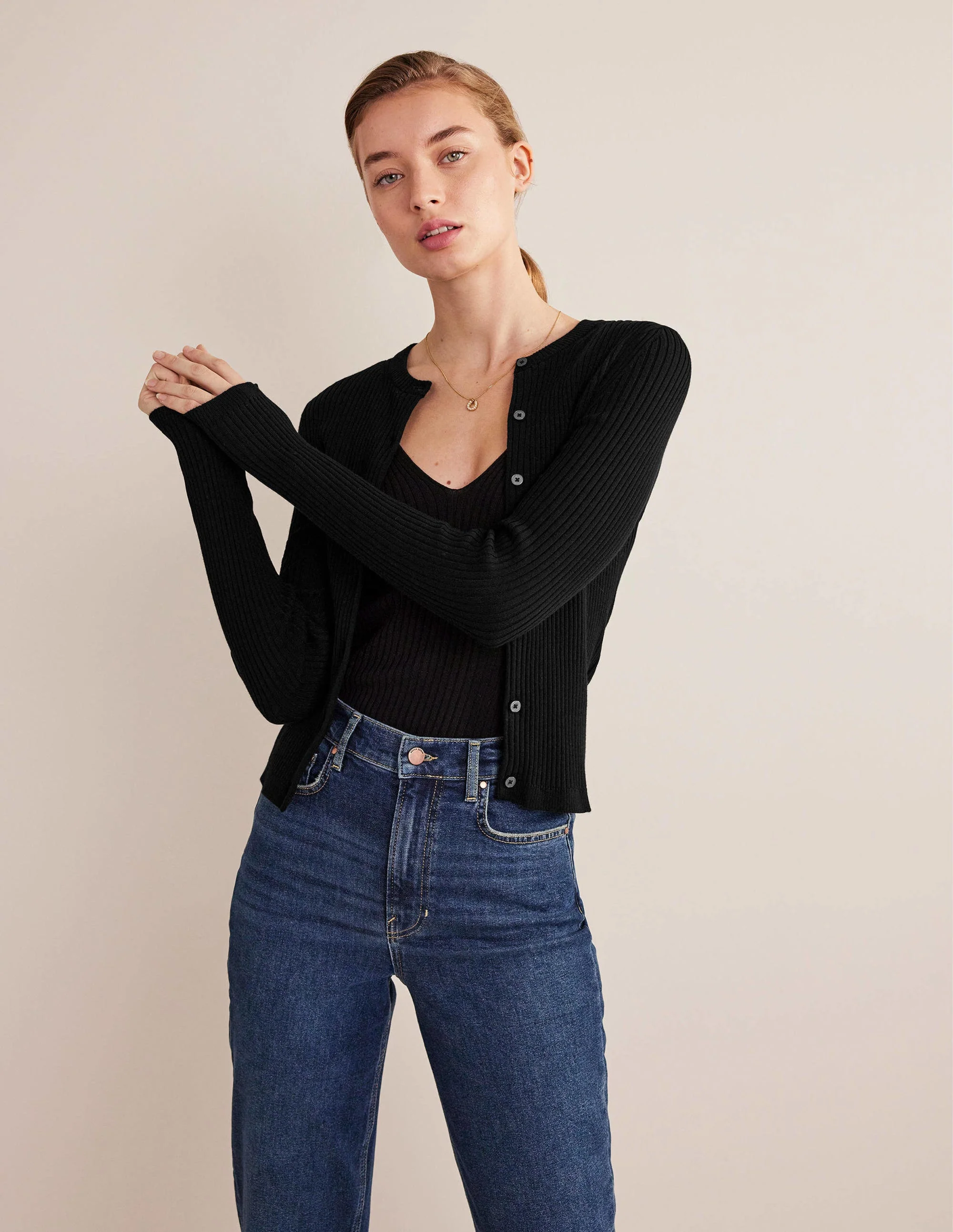 Ribbed Detail Cardigan-Black - Image 4
