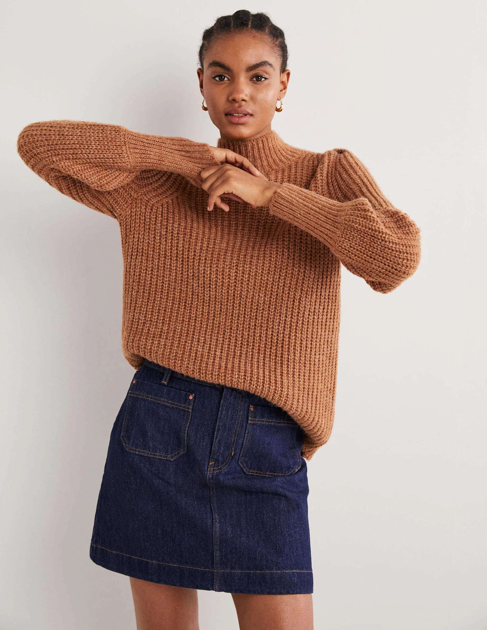 Ribbed Fluffy High Neck Jumper-Butterscotch Brown Melange - Image 4