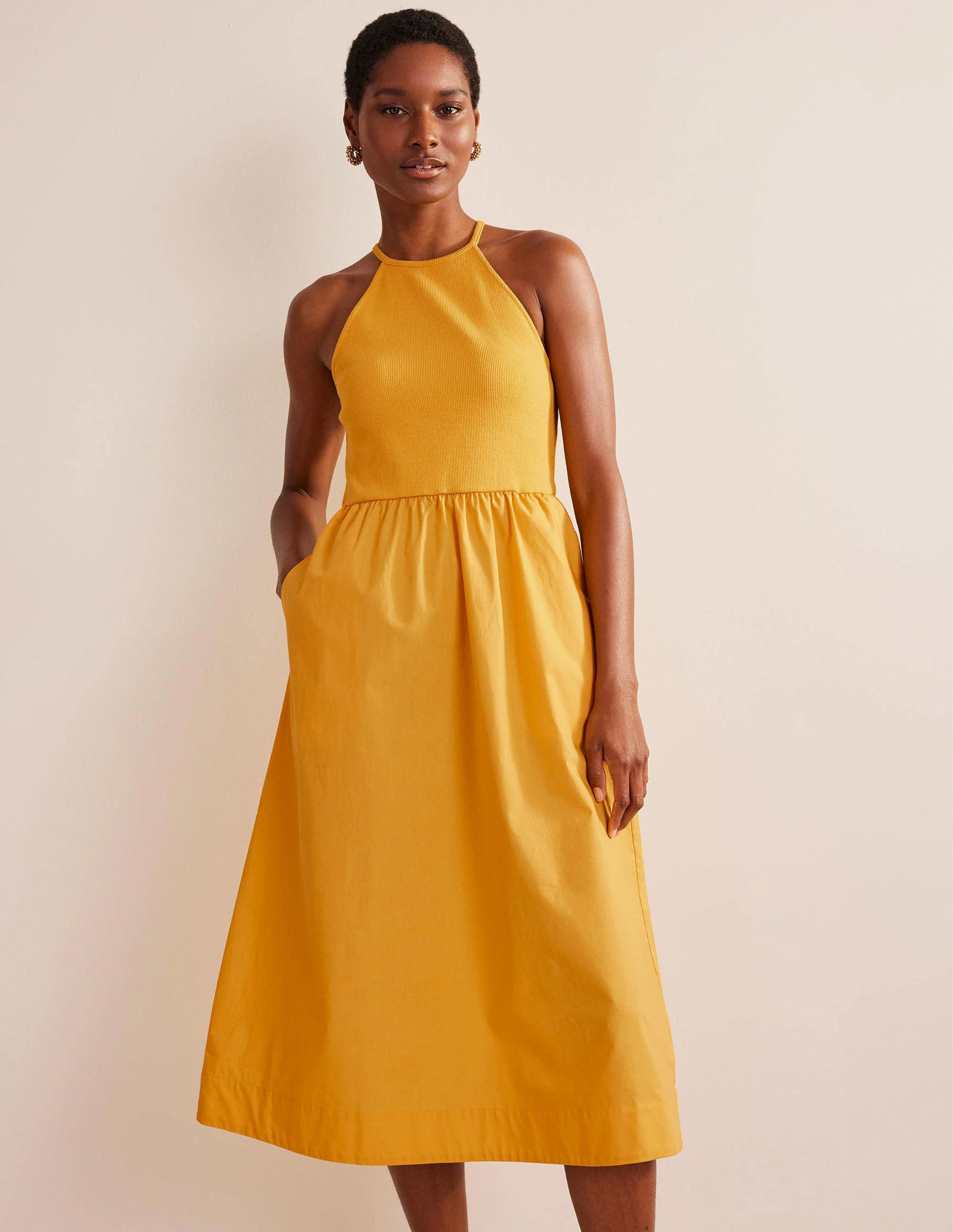 Ribbed Halterneck Midi Dress-French Marigold