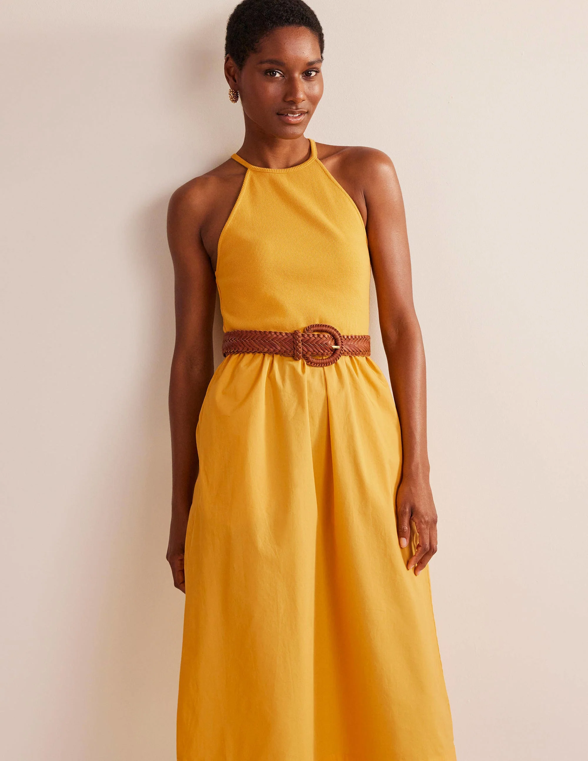 Ribbed Halterneck Midi Dress-French Marigold - Image 4