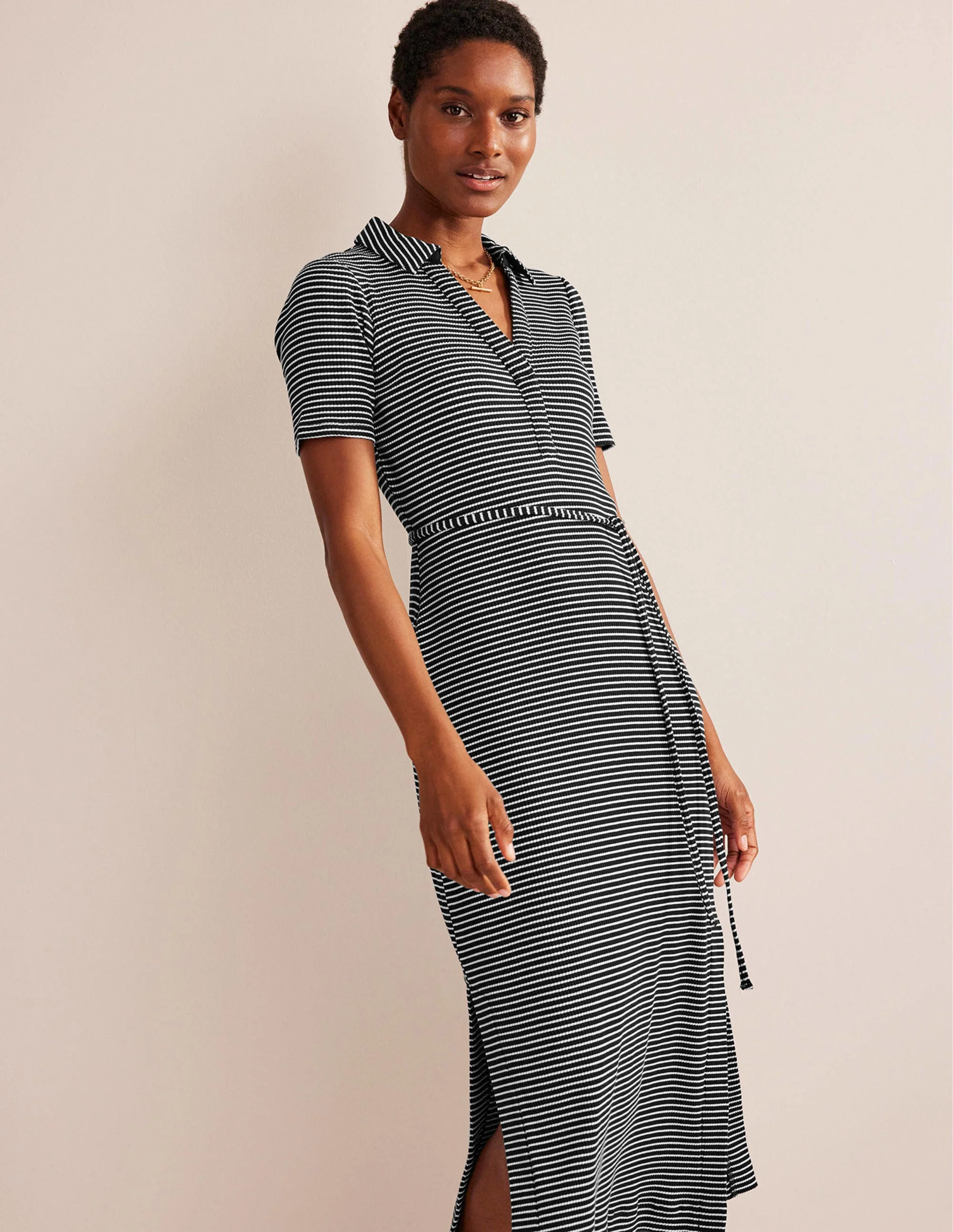 Ribbed-Jersey Midi Shirt Dress-Black, Ivory Stripe