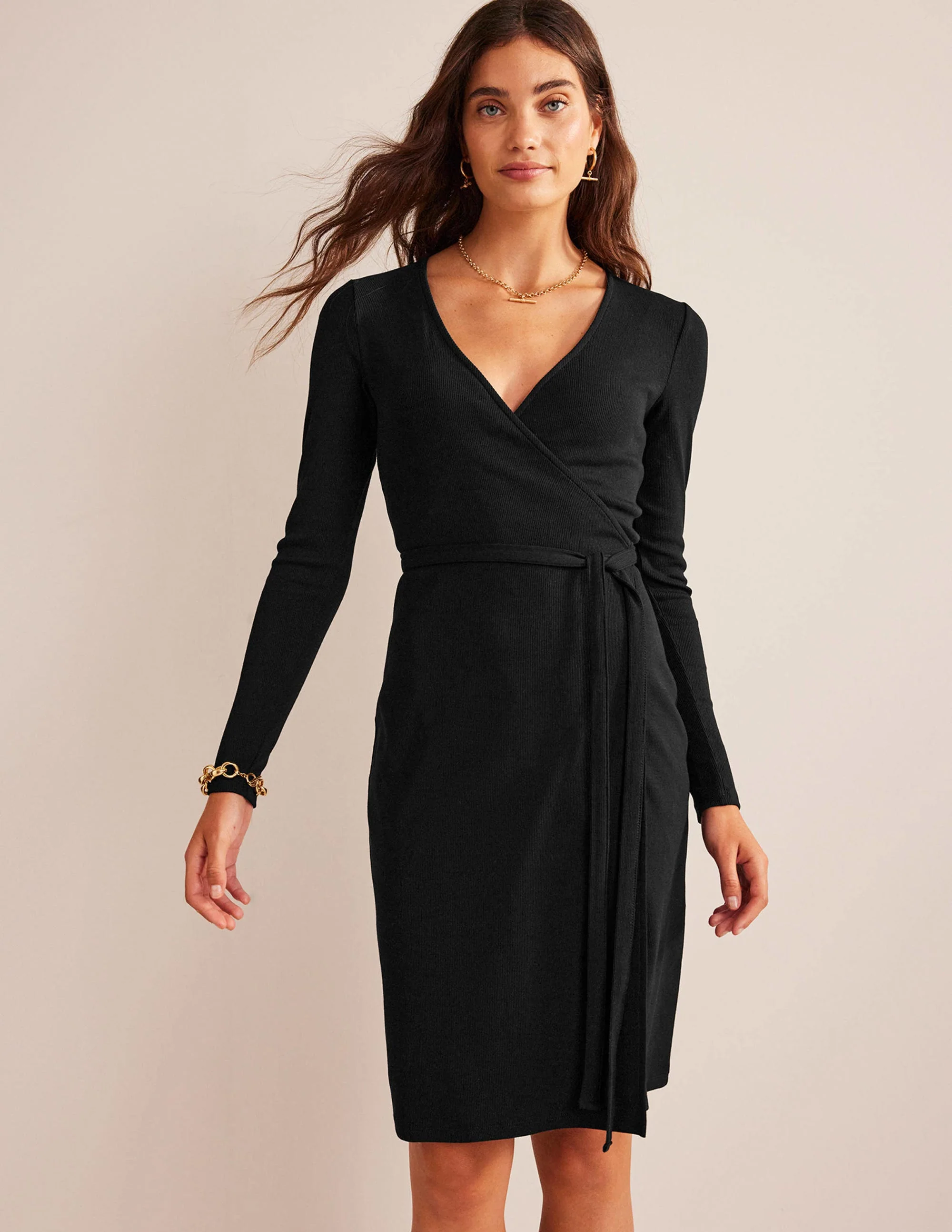 Ribbed-Jersey Wrap Dress-Black - Image 4