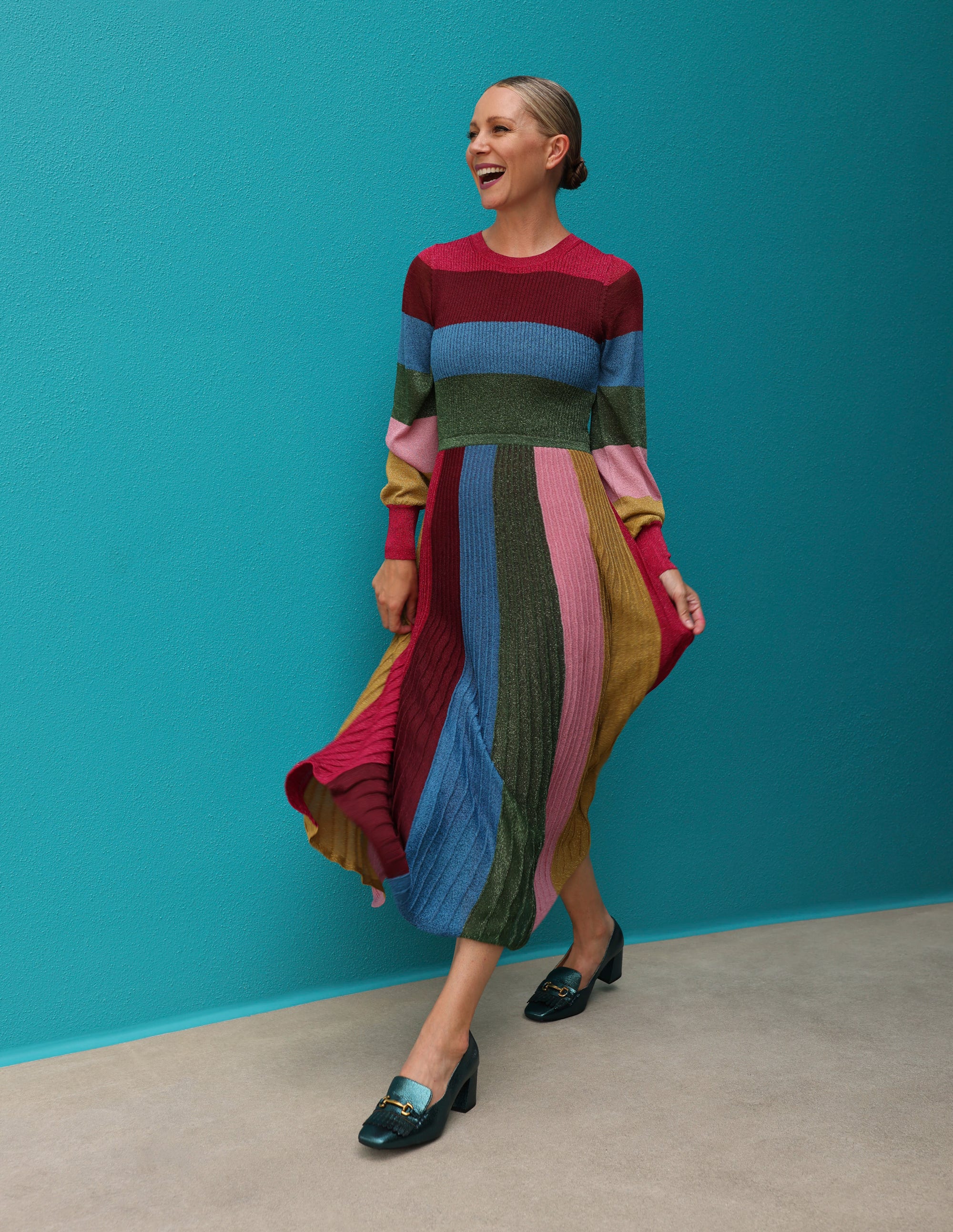 Ribbed Metallic Party Dress-Metallic Pannelled Stripe - Image 6
