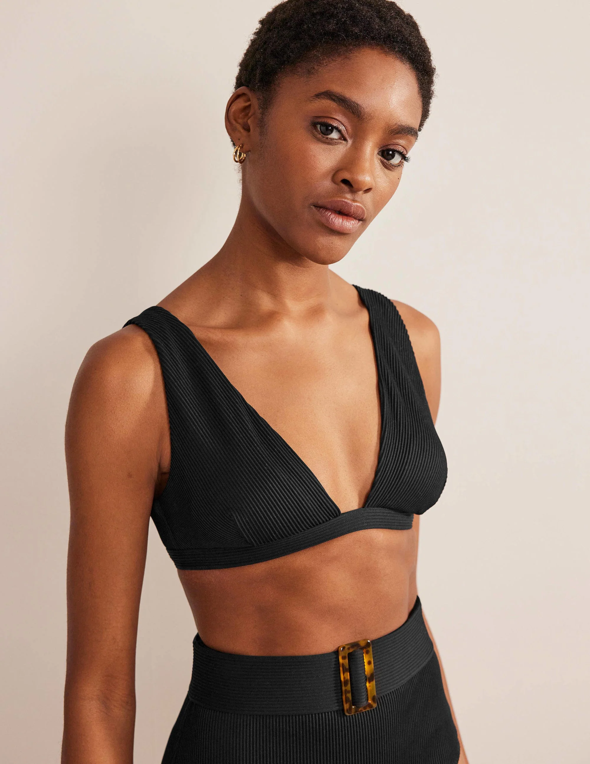 Ribbed V-neck Bikini Top-Black