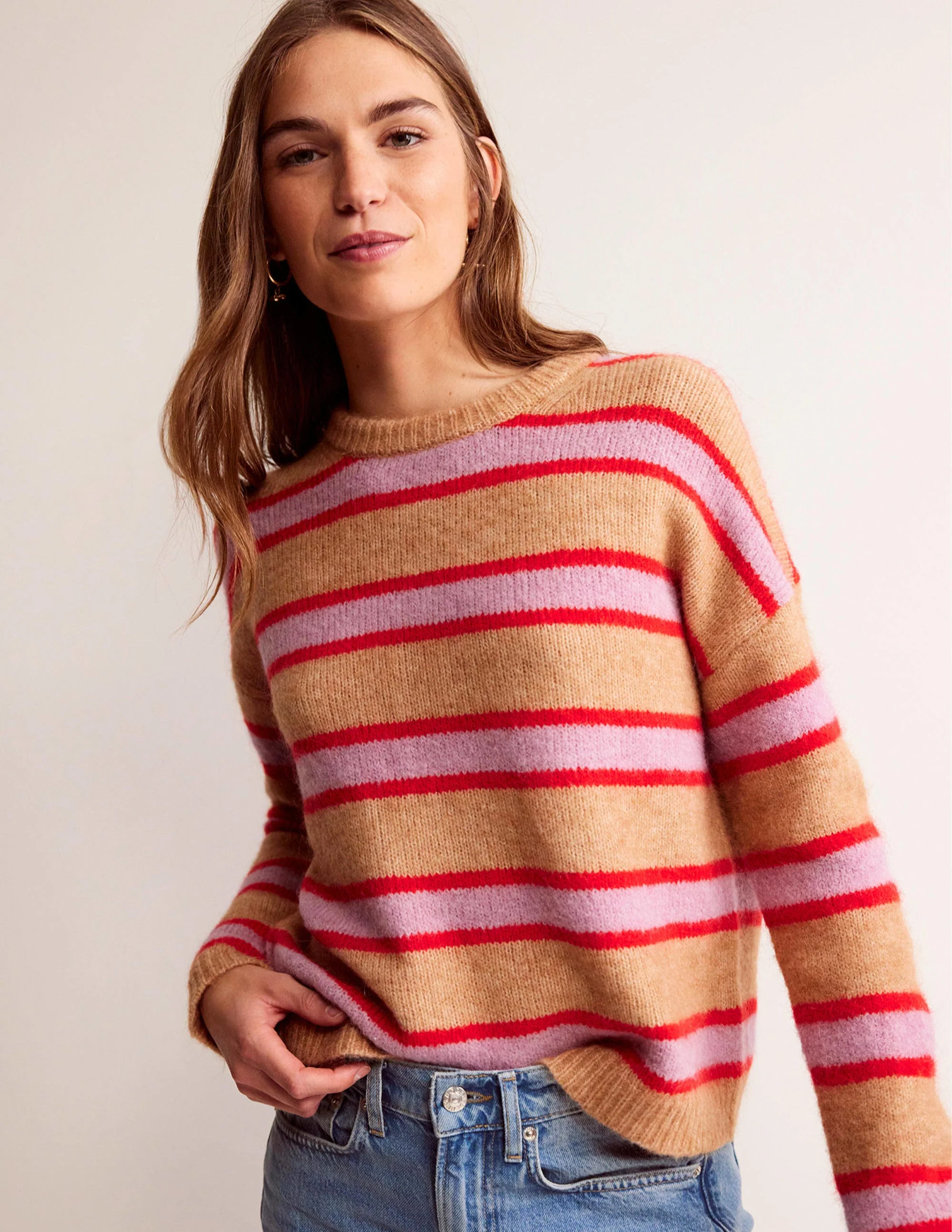 Rosemary Relaxed Fluffy Jumper-Camel Marl, Strawberry Sherbet