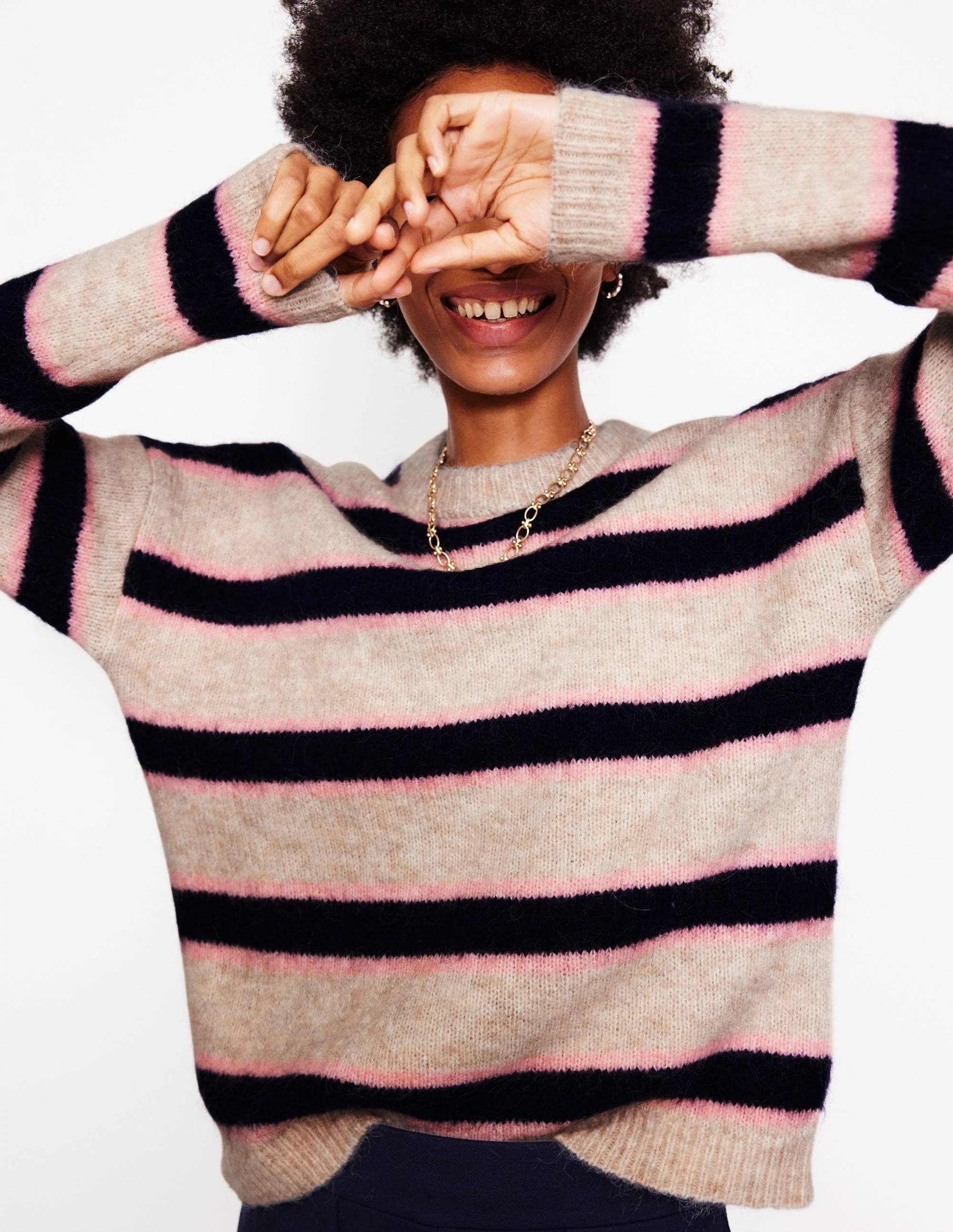 Rosemary Relaxed Fluffy Jumper-Oatmeal Melange, Navy - Image 4