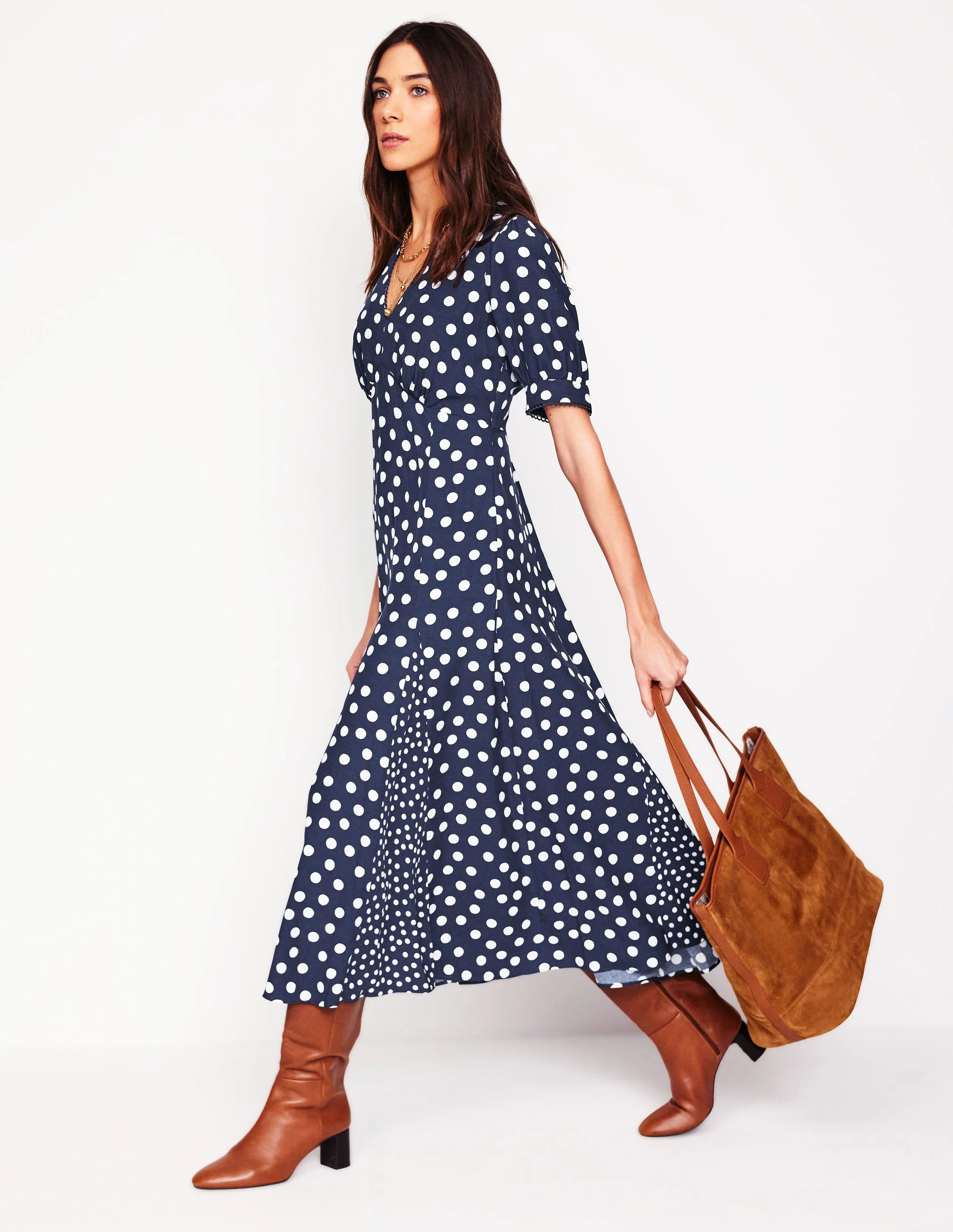 Rosie Godet Tea Dress-French Navy, Abstract Dot - Image 5